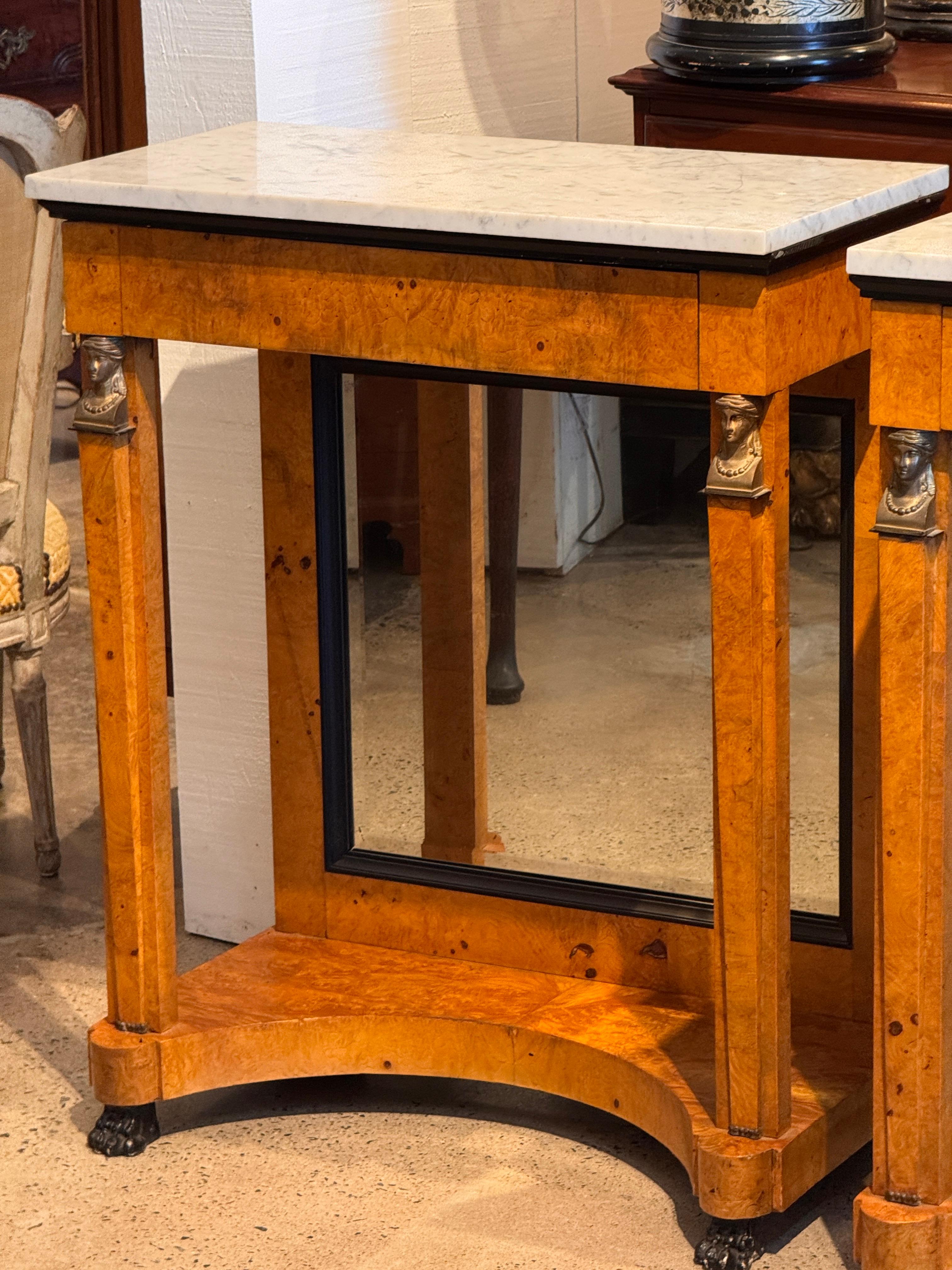 19th Century Pair Empire Consoles With Burlwood and Marble Tops For Sale