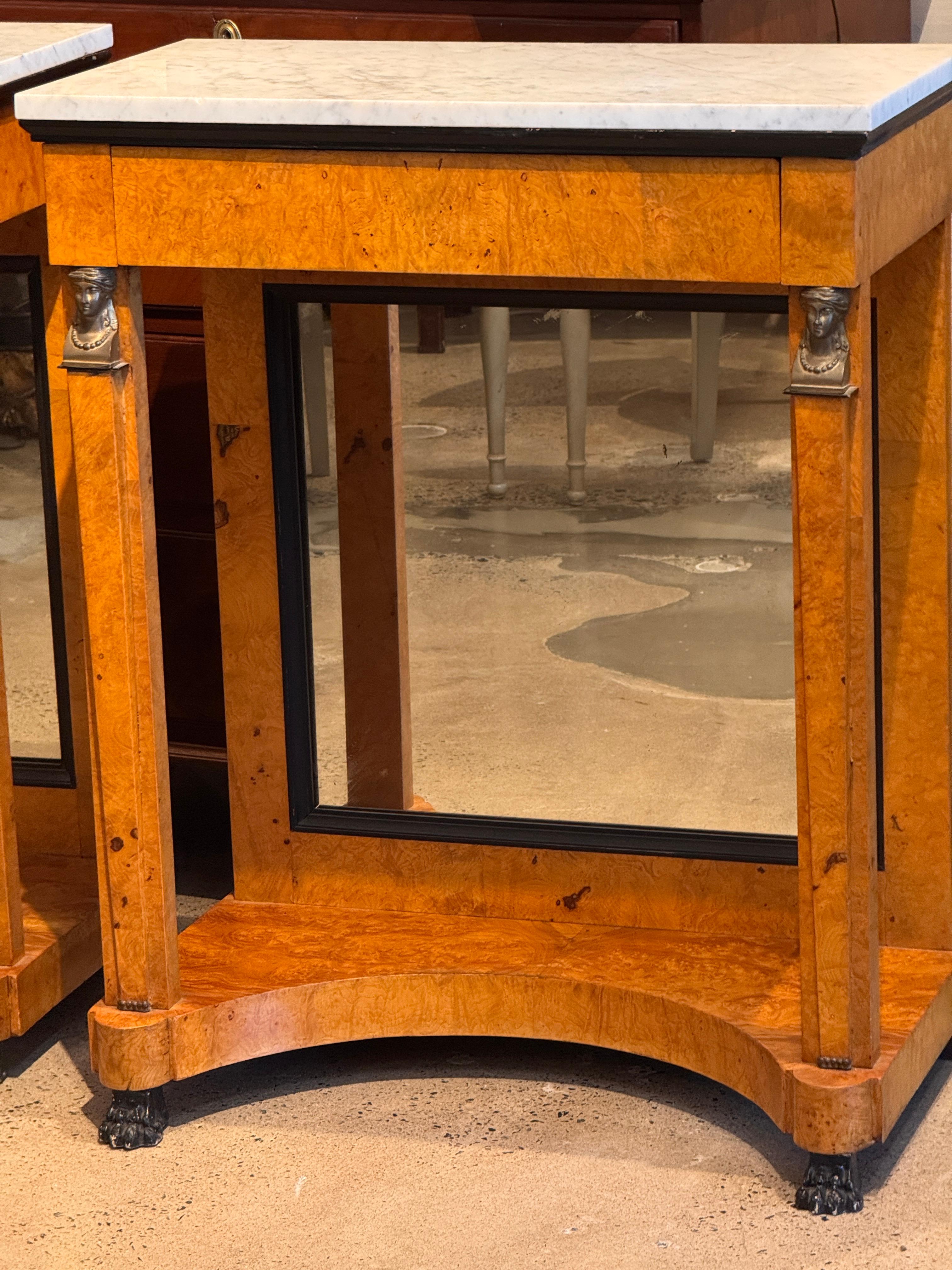 Wood Pair Empire Consoles With Burlwood and Marble Tops For Sale