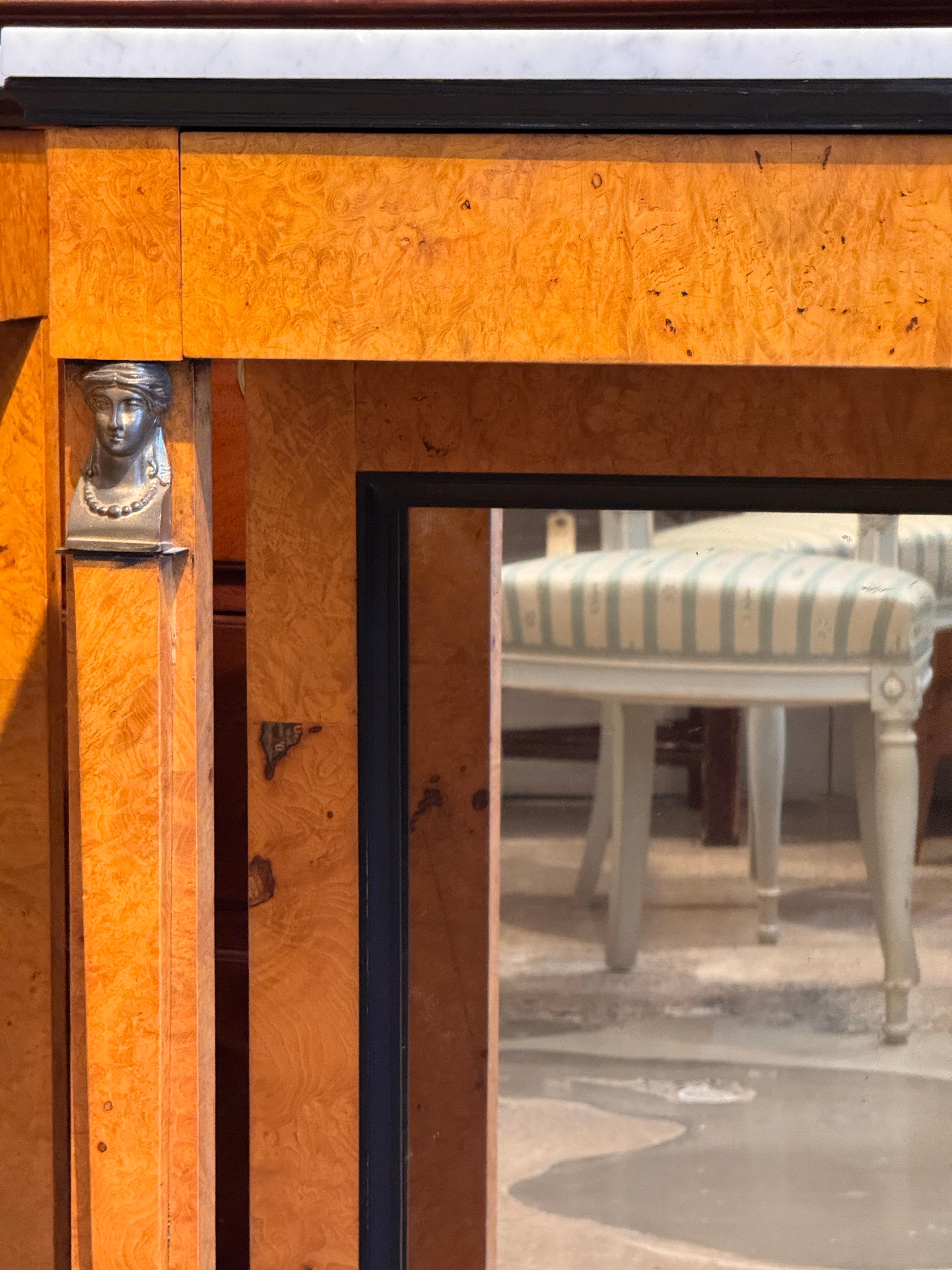 Pair Empire Consoles With Burlwood and Marble Tops For Sale 2