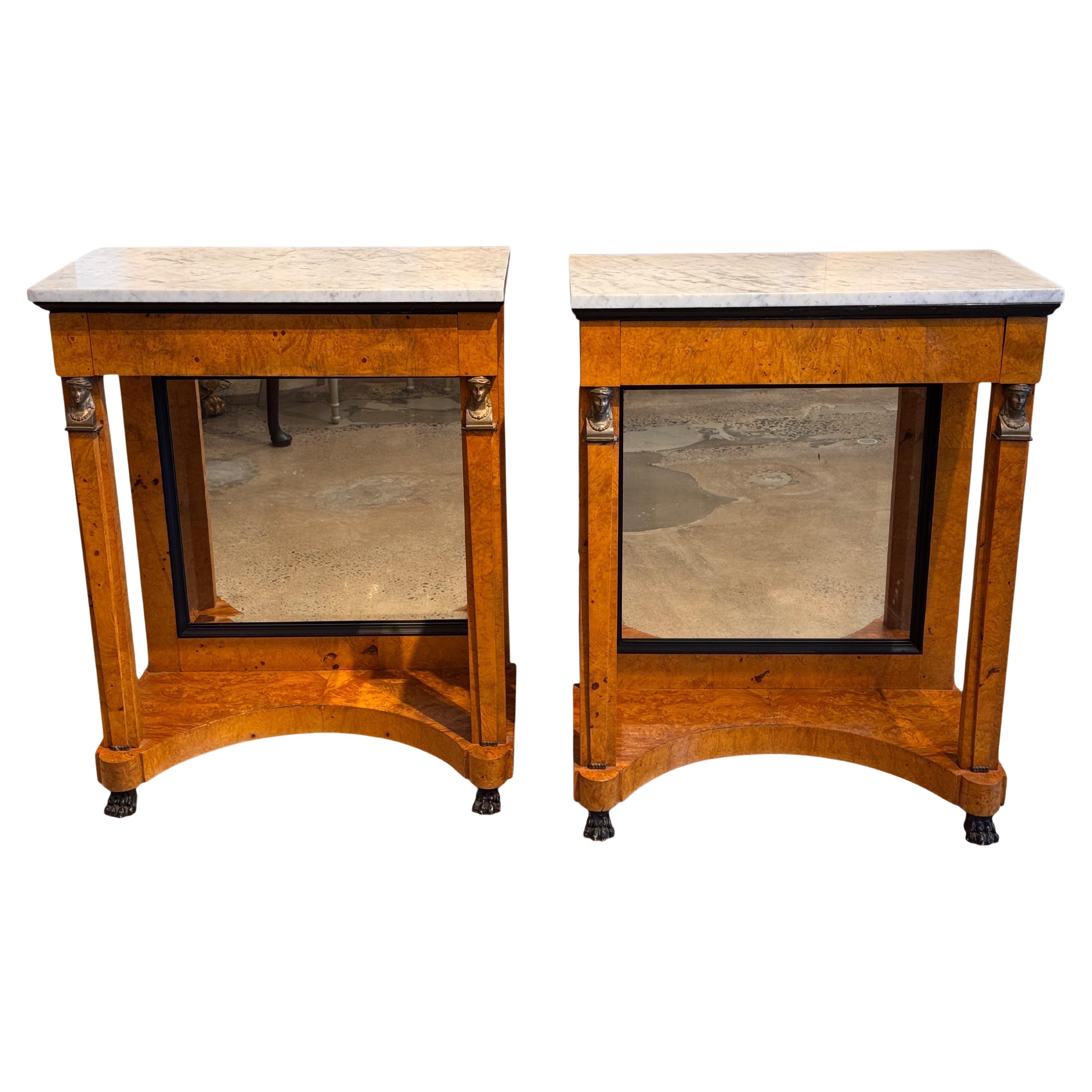 Pair Empire Consoles With Burlwood and Marble Tops For Sale