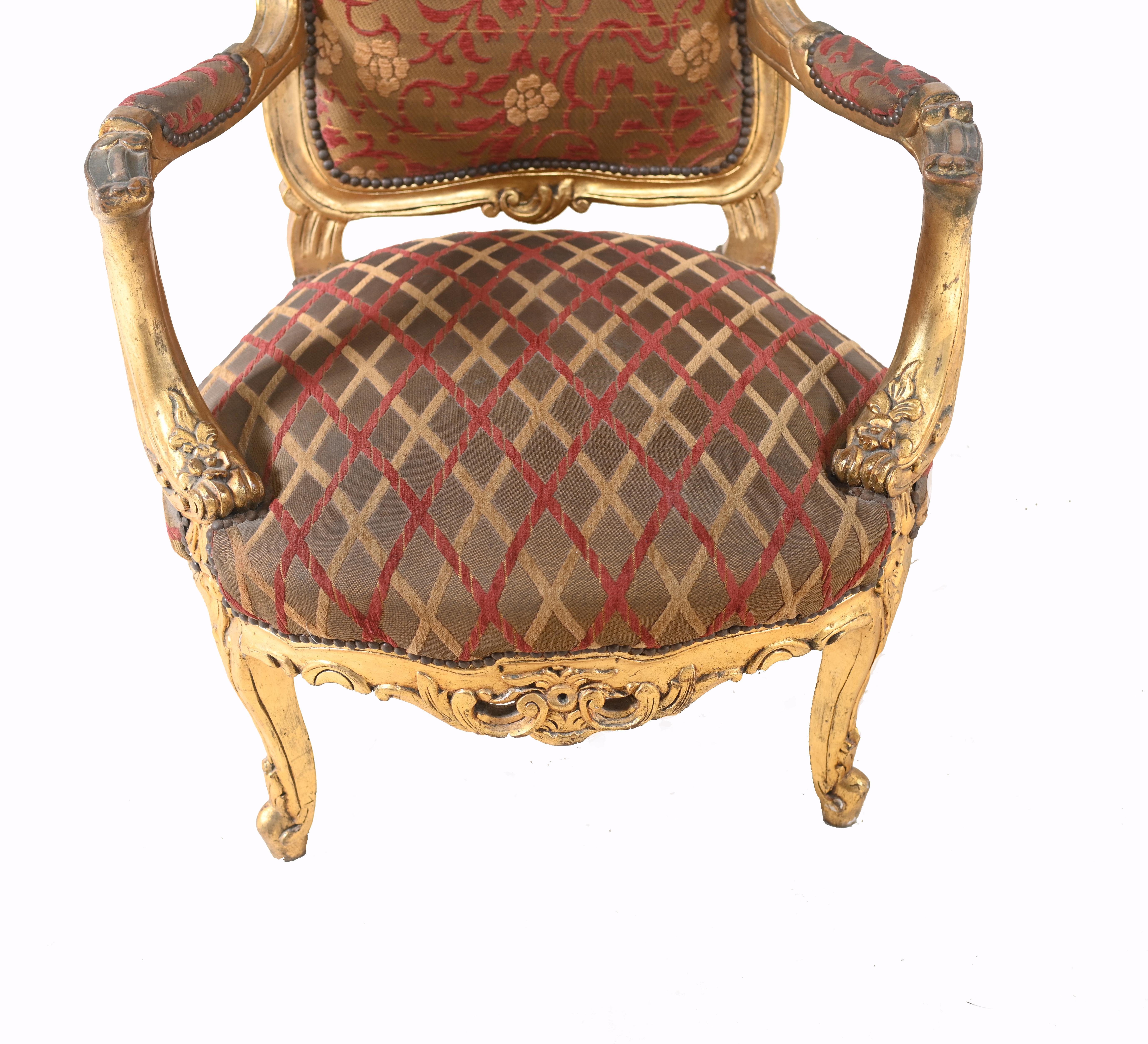 Late 20th Century Pair Empire Gilt Arm Chairs Fauteuil For Sale