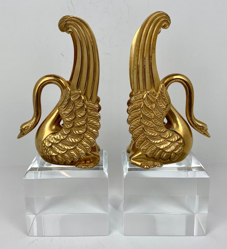 Cast Bronze Doré Empire Swans Custom Mounted on Lucite Plinths