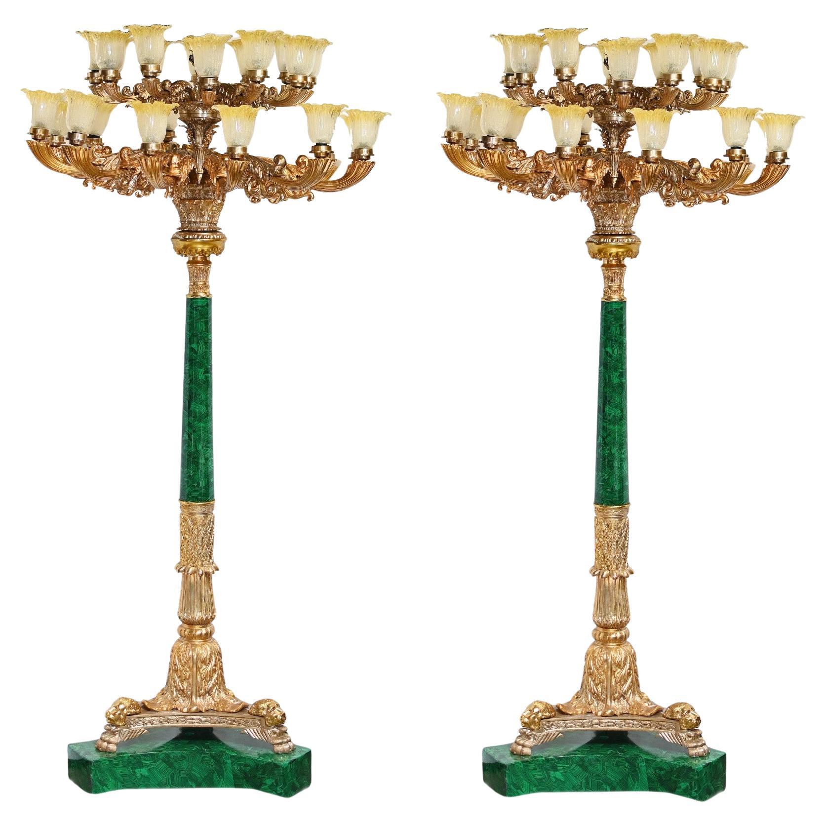 Paar Empire Malachit vergoldete Fackeln Stehlampen 8 Ft