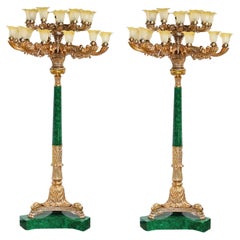 Pair Empire Malachite Gilt Torcheres Floor Lamps 8 Ft