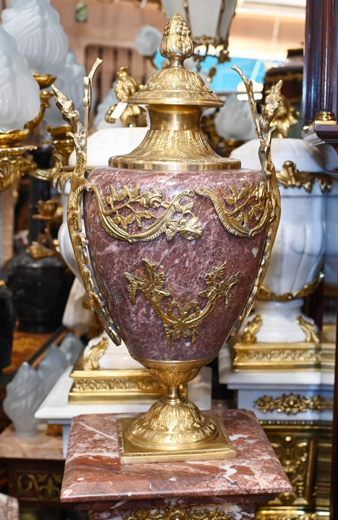 Pair Empire Marble Pedestal Stands Cassolettes Urns French 12