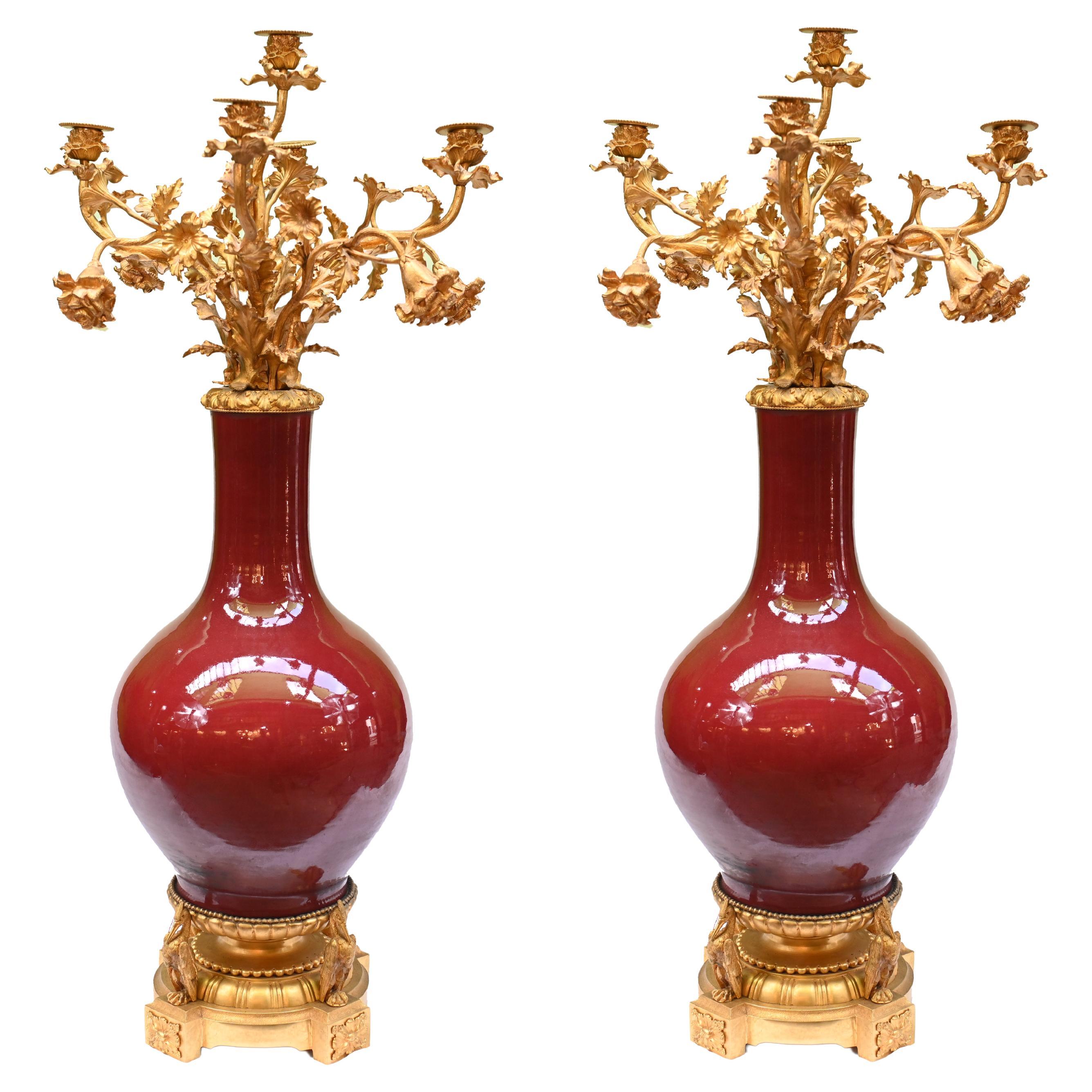 Pair Empire Porcelain Mounted Gilt Candelabra French Antiques For Sale