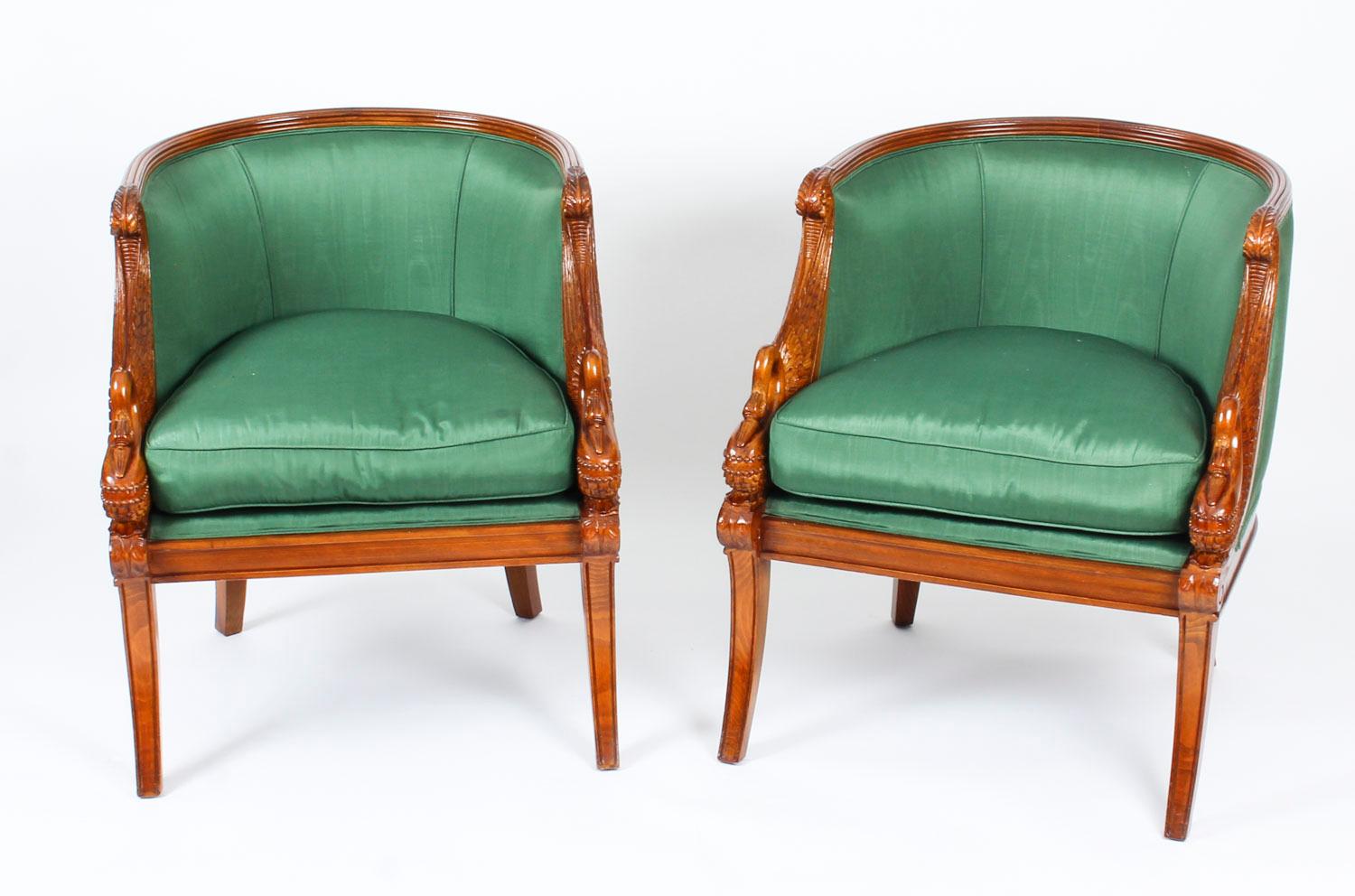 Pair of Empire Revival Gilded Swan Neck Walnut Armchairs, 20th Century 7