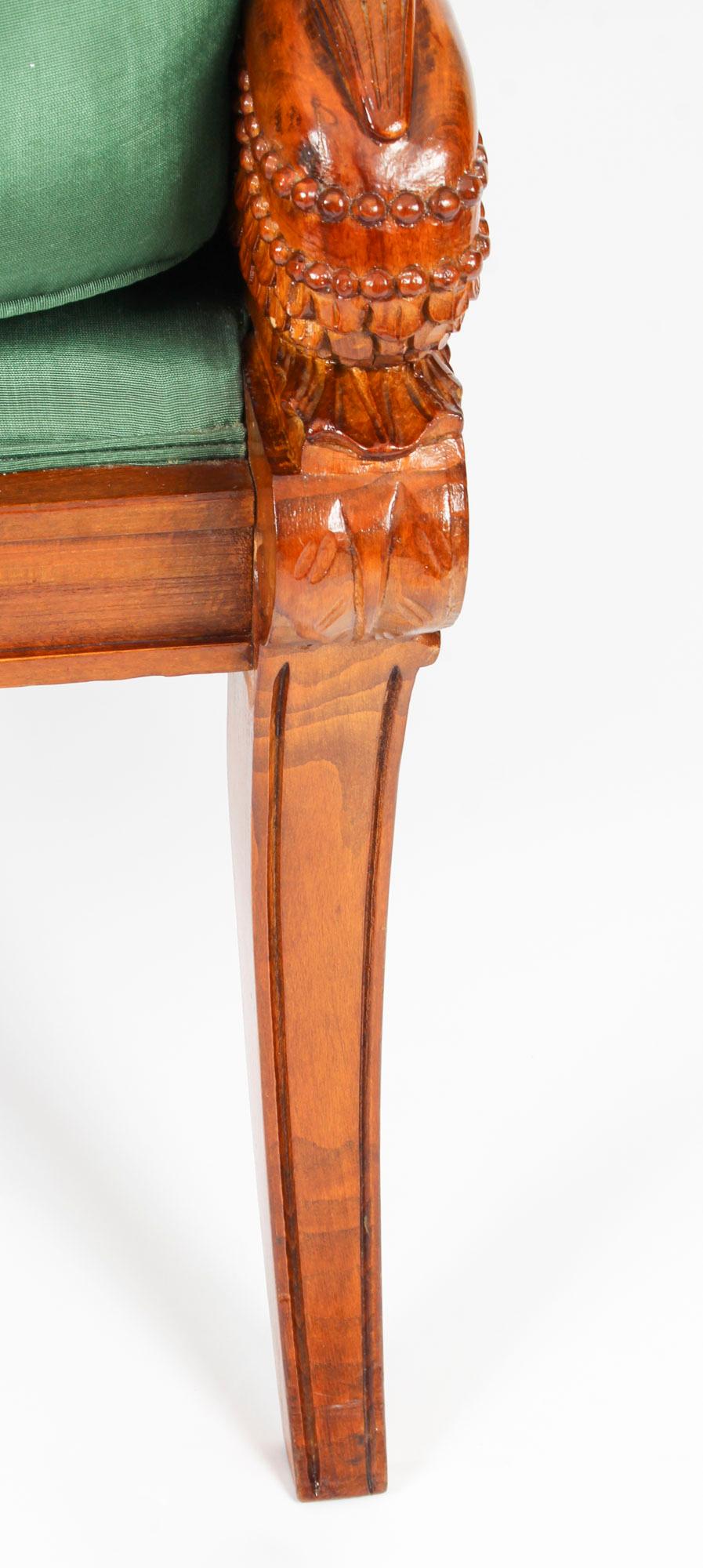 Silk Pair of Empire Revival Gilded Swan Neck Walnut Armchairs, 20th Century