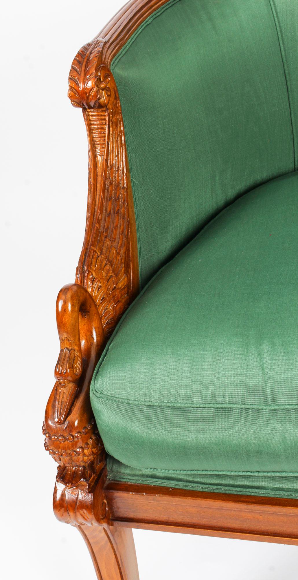 Pair of Empire Revival Gilded Swan Neck Walnut Armchairs, 20th Century 3