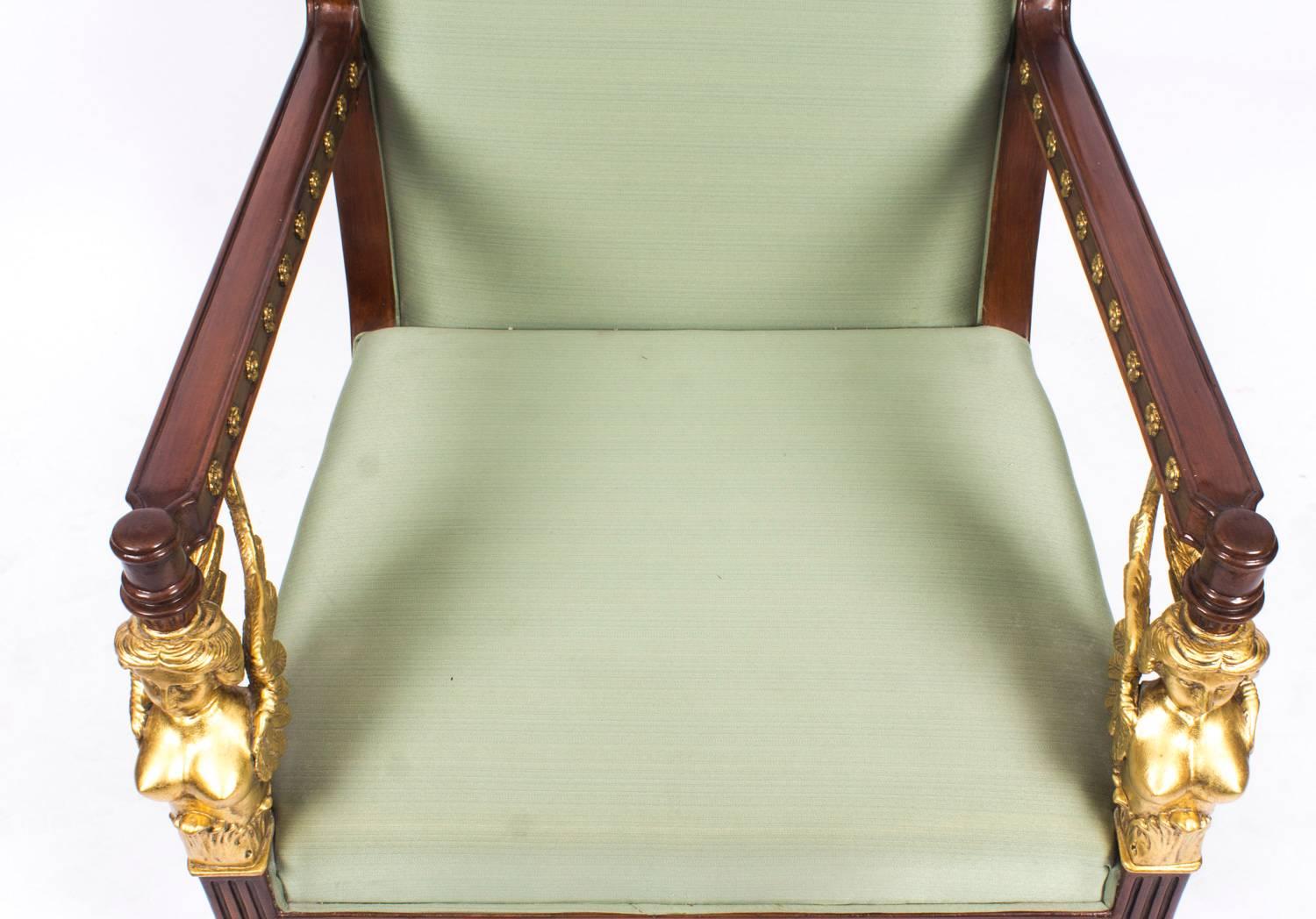 Fabric Pair of Empire Revival Mahogany and Gilt Armchairs, Late 20th Century