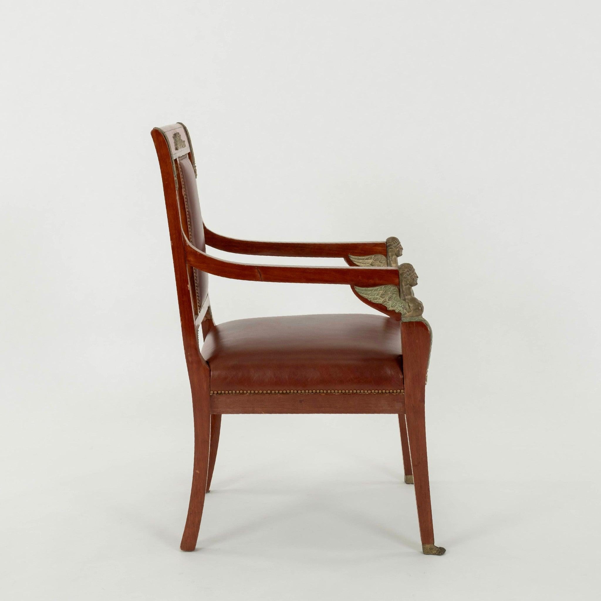 19th Century Pair Empire Revival Style Leather Armchairs For Sale