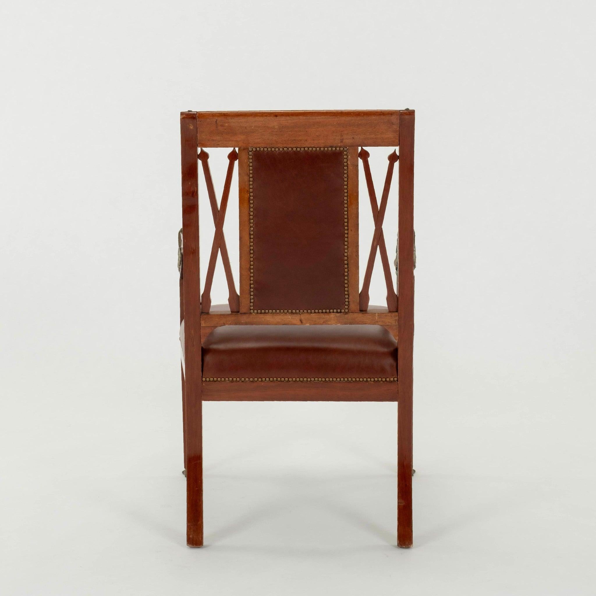 Brass Pair Empire Revival Style Leather Armchairs For Sale