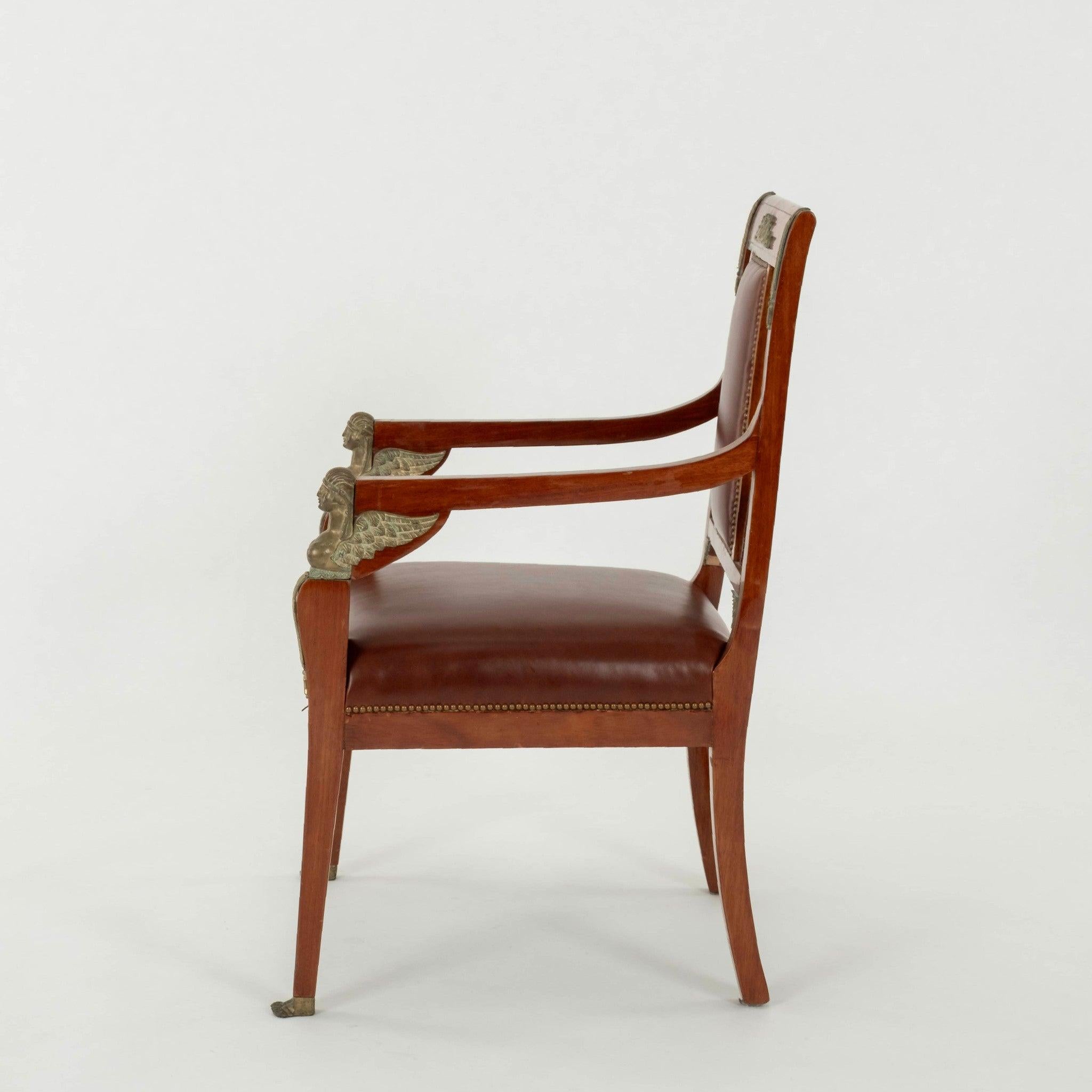 Pair Empire Revival Style Leather Armchairs For Sale 1