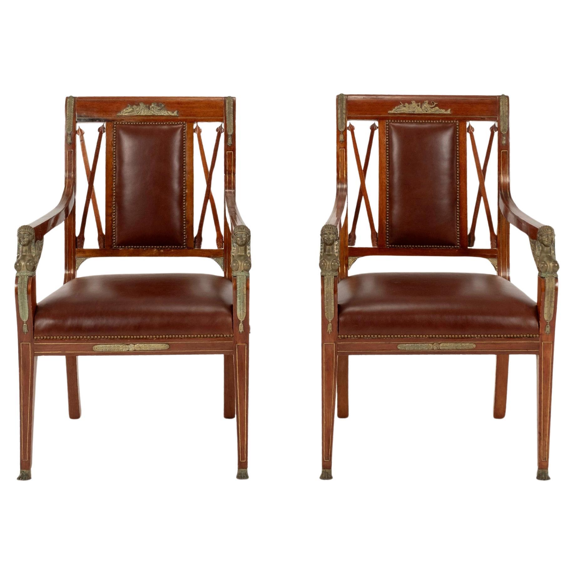 Pair Empire Revival Style Leather Armchairs