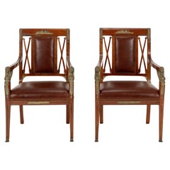 Pair Empire Revival Style Leather Armchairs
