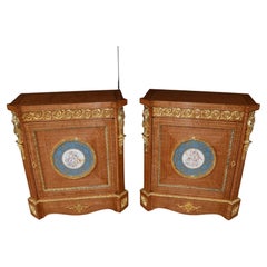 Pair Empire Satinwood Cabinets with Sevres Plaques