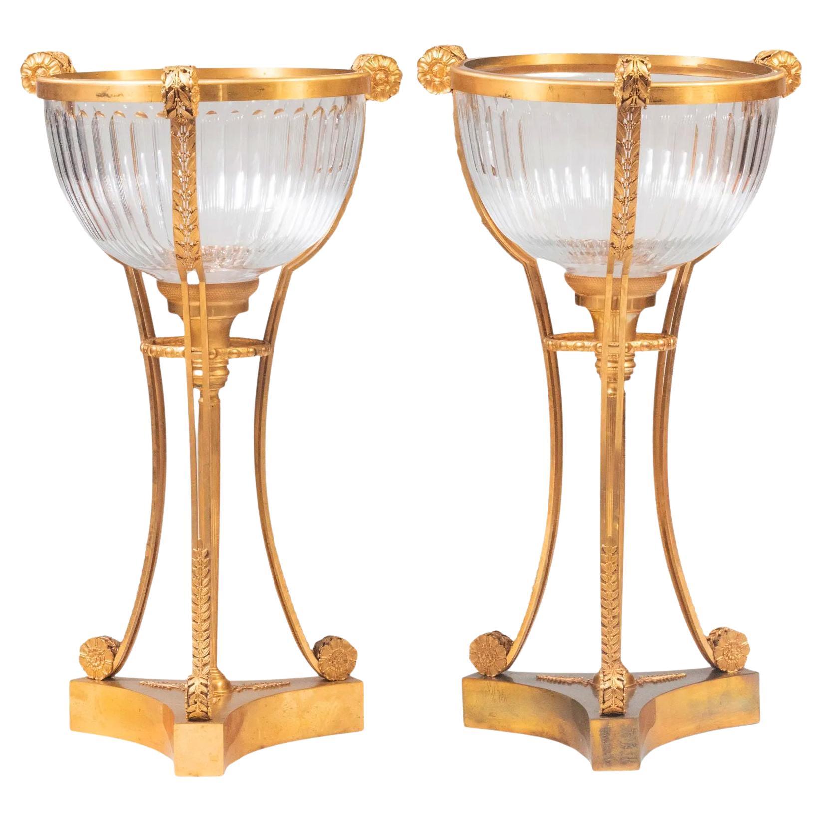 Pair Empire Style Anthenienne Form Gilt Bronze and Glass Jardinieres