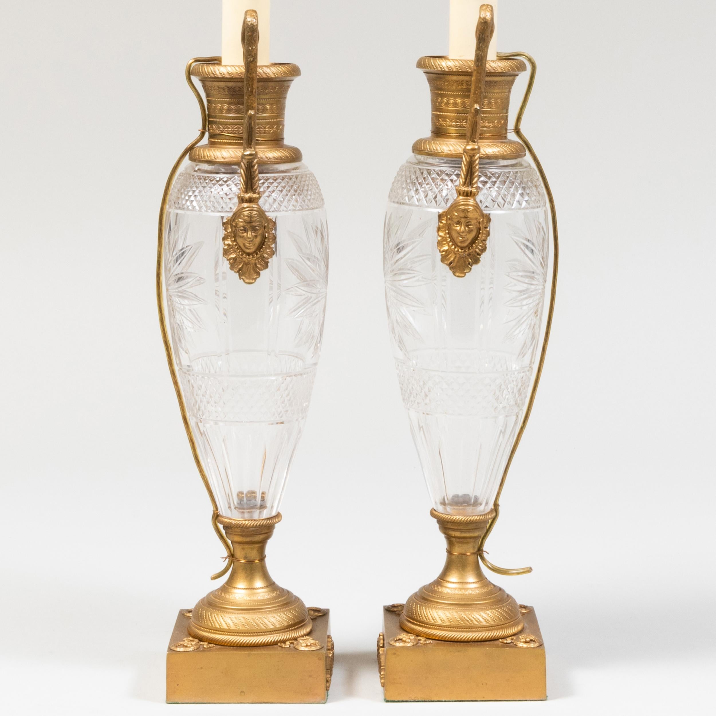Engraved Pair Empire Style Cut Glass and Gilt Bronze Table Lamps For Sale