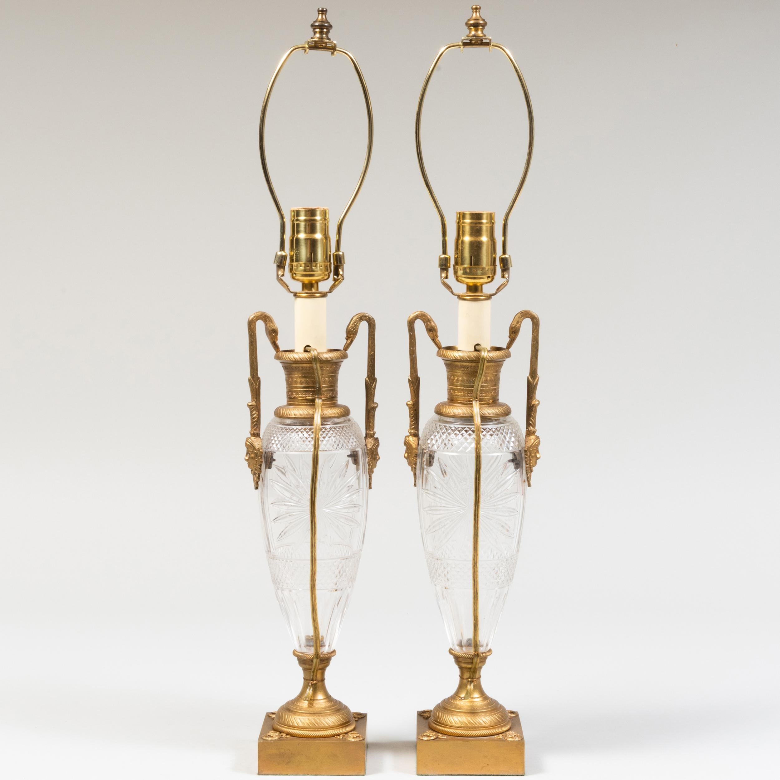 20th Century Pair Empire Style Cut Glass and Gilt Bronze Table Lamps For Sale
