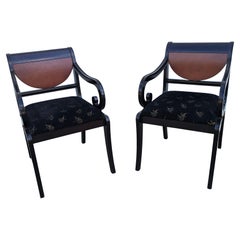 Pair Empire Style Enameled  and Velvet Upholstered Scroll Armchairs