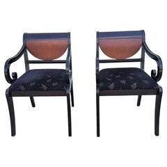 Pair Empire Style Enameled  and Velvet Upholstered Scroll Armchairs