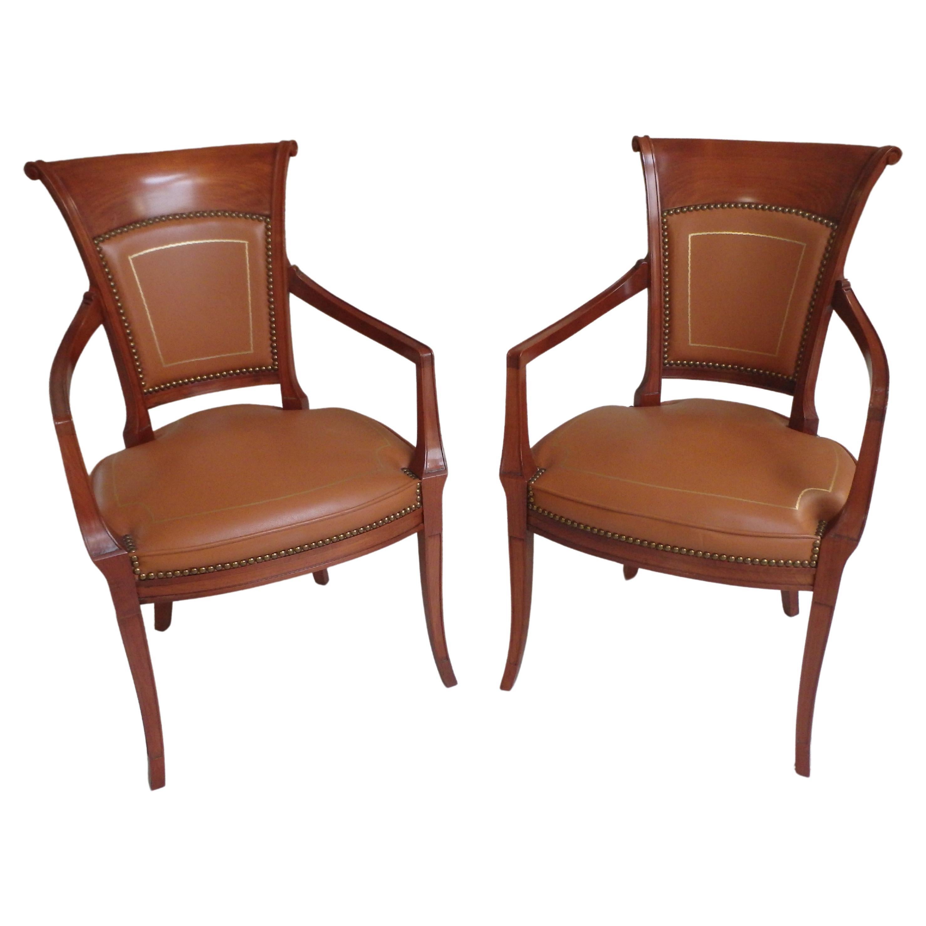 Pair Empire Style leather armchairs For Sale