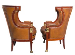Pair Empire Style Leather-Upholstered Gilt Bronze Mid. Mahogany Bergere