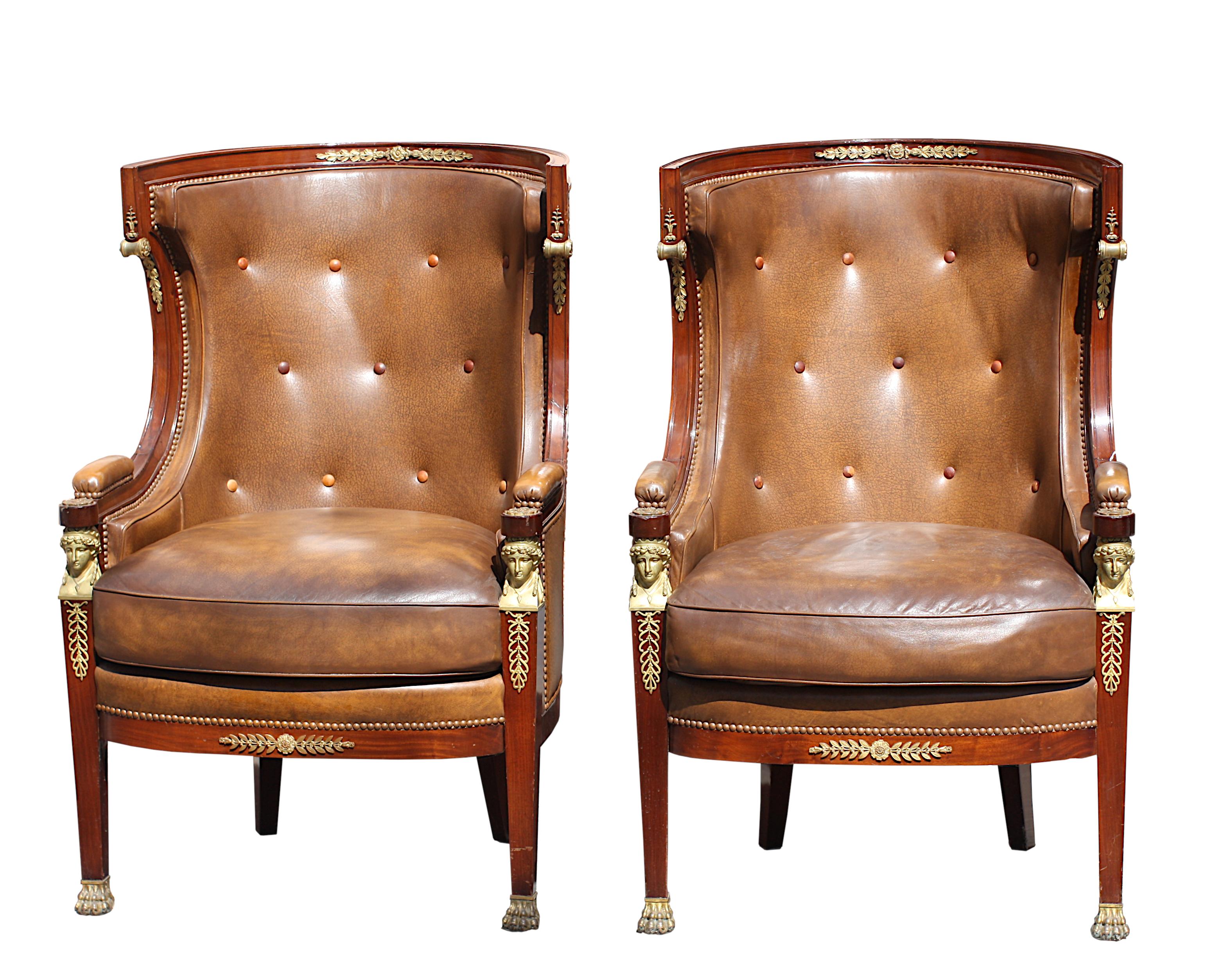 Pair Empire Style Leather-Upholstered Gilt Bronze Mid. Mahogany Bergere In Good Condition For Sale In West Palm Beach, FL