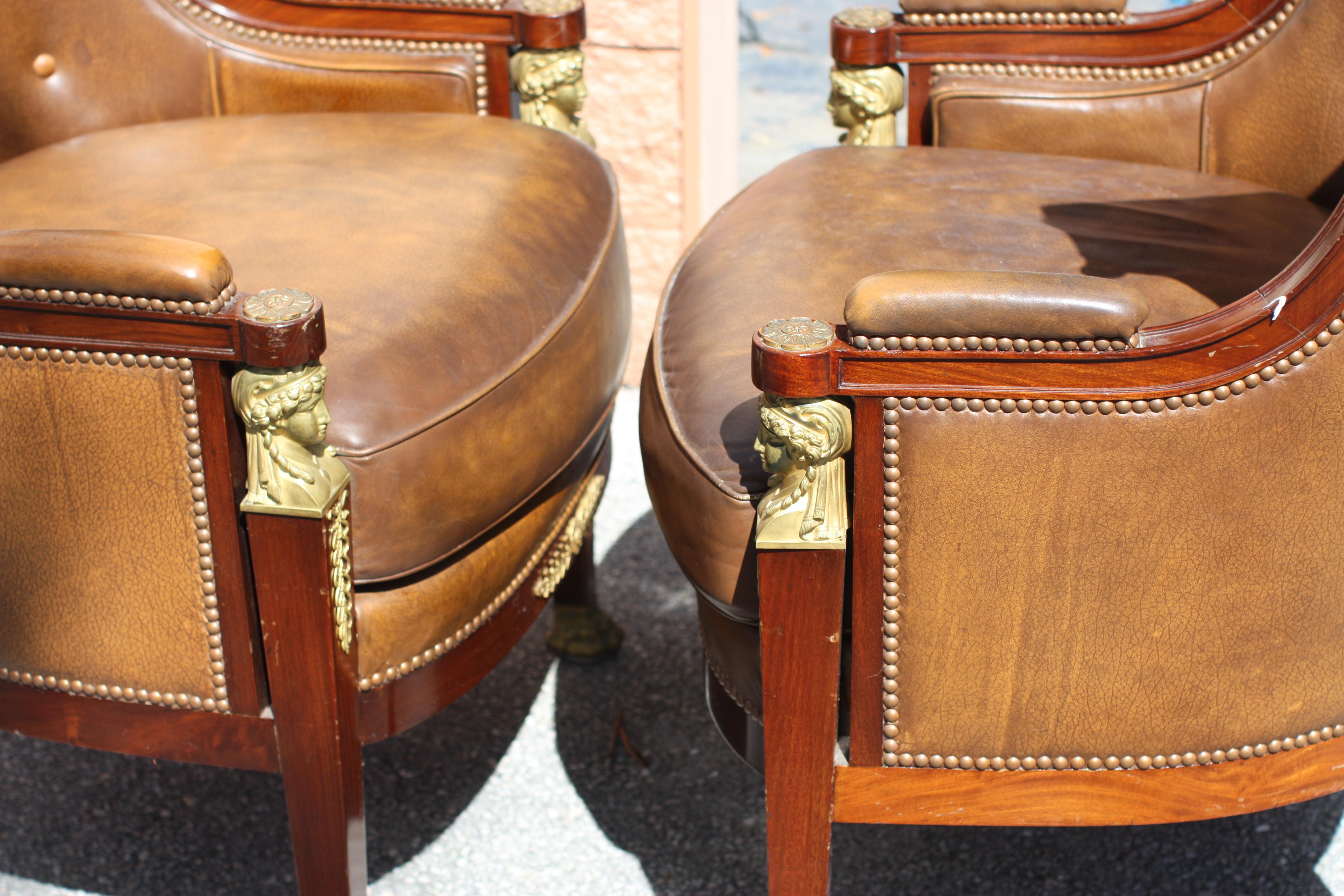20th Century Pair Empire Style Leather-Upholstered Gilt Bronze Mid. Mahogany Bergere For Sale