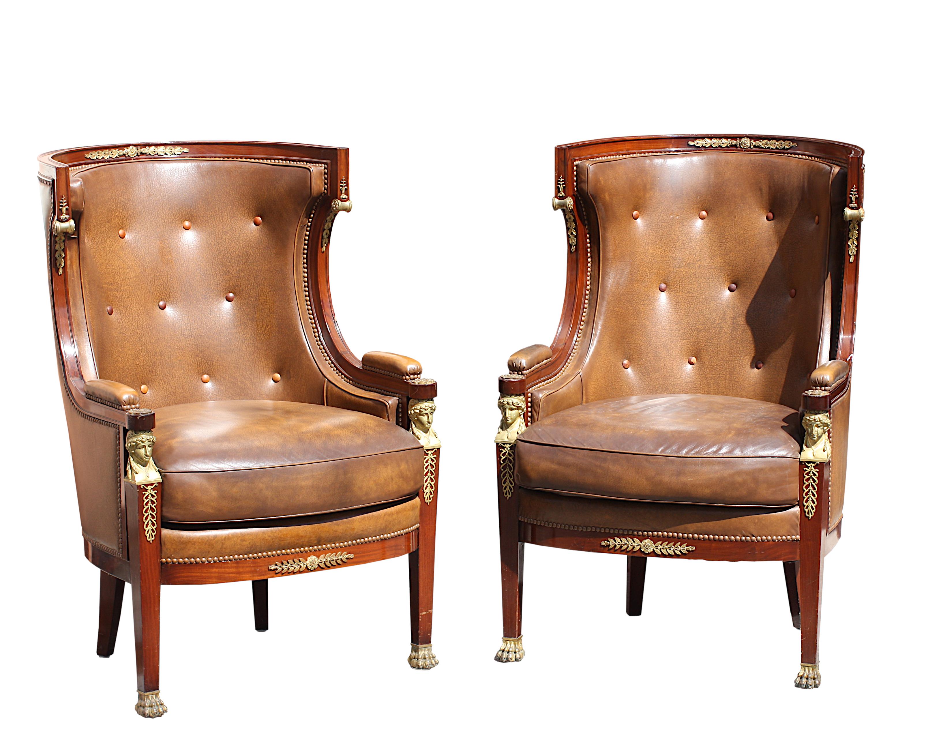Pair Empire Style Leather-Upholstered Gilt Bronze Mid. Mahogany Bergere For Sale 1