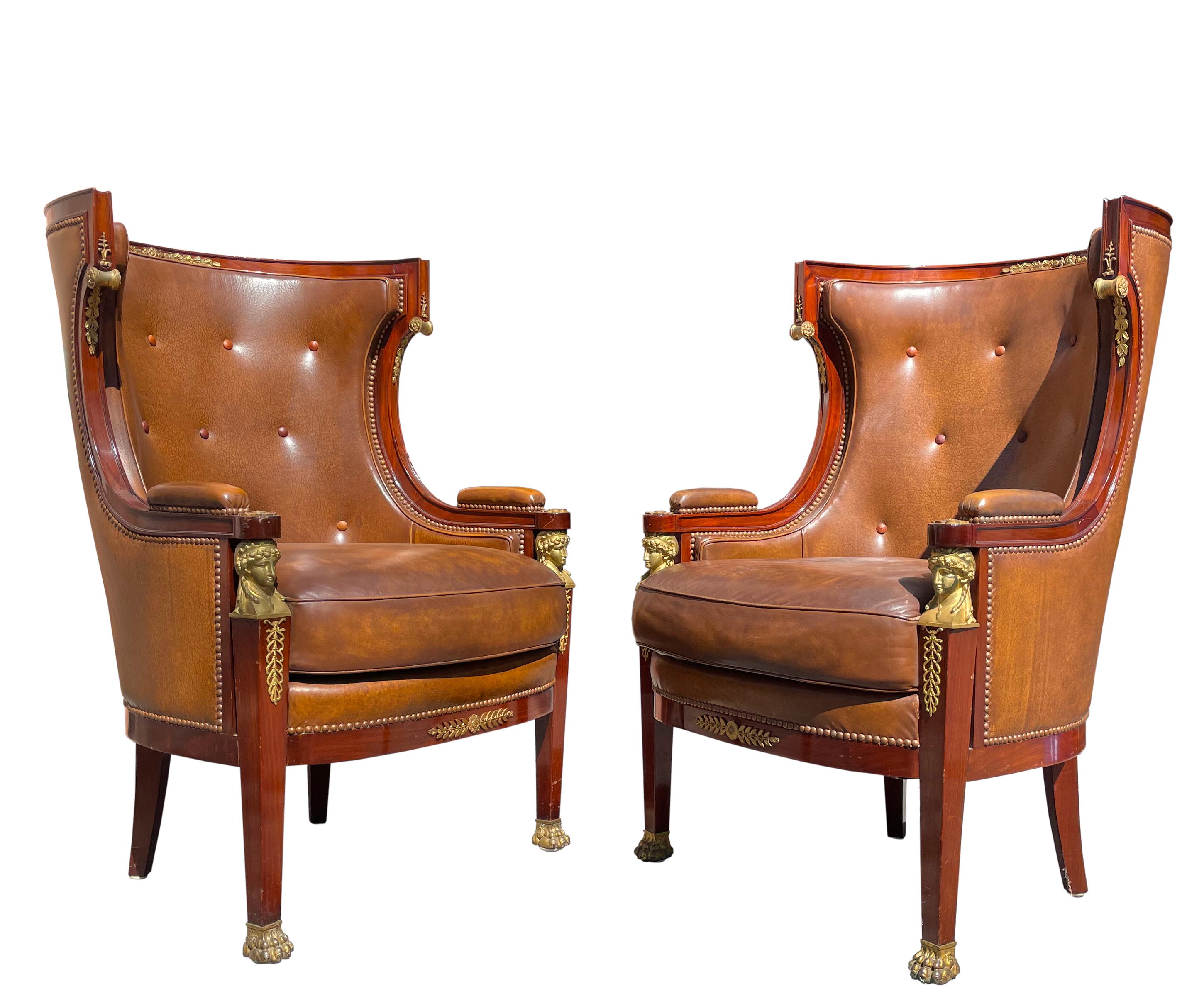 Pair Empire Style Leather-Upholstered Gilt Bronze Mid. Mahogany Bergere For Sale 4