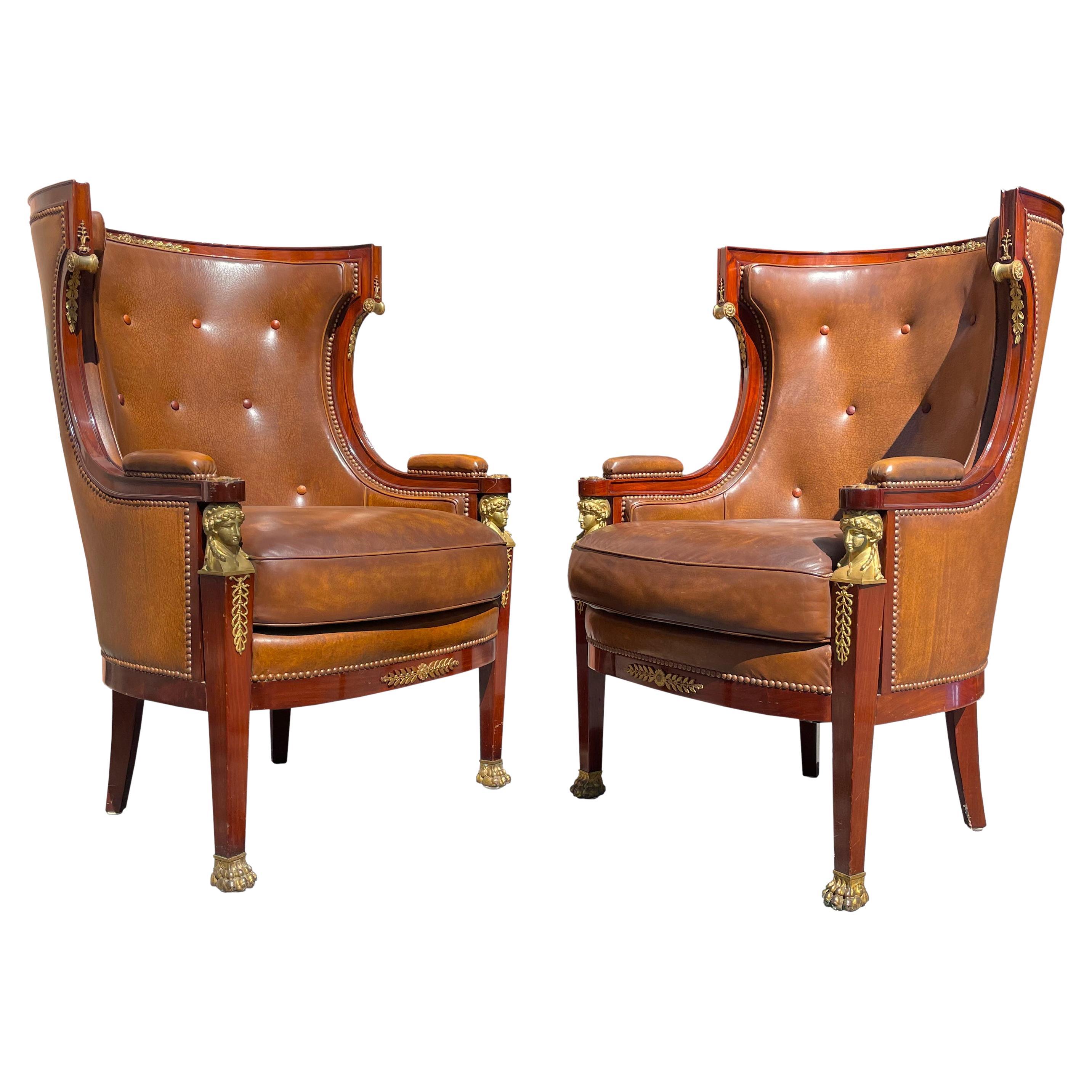 Pair Empire Style Leather-Upholstered Gilt Bronze Mid. Mahogany Bergere For Sale