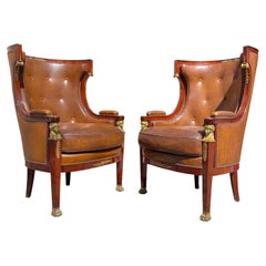 Vintage Pair Empire Style Leather-Upholstered Gilt Bronze Mid. Mahogany Bergere