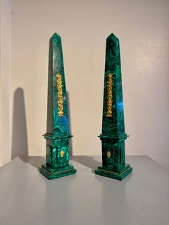 Pair Empire Style Malachite Obelisks with Ormolu Mounts, 20th Century