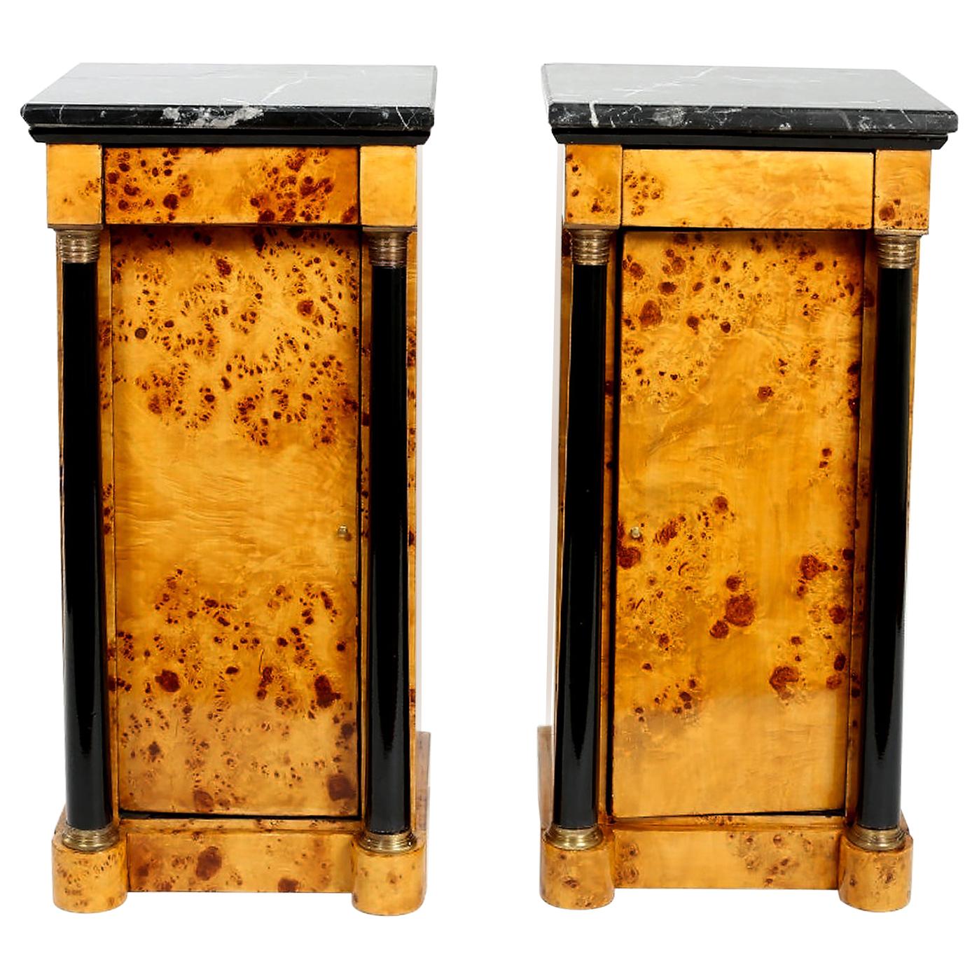 Pair Empire Style Marble-Top Bar / Wood Half Commodes