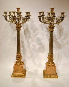 Pair of Empire Style Silvered and Gilt Bronze Candelabra with Marble Bases