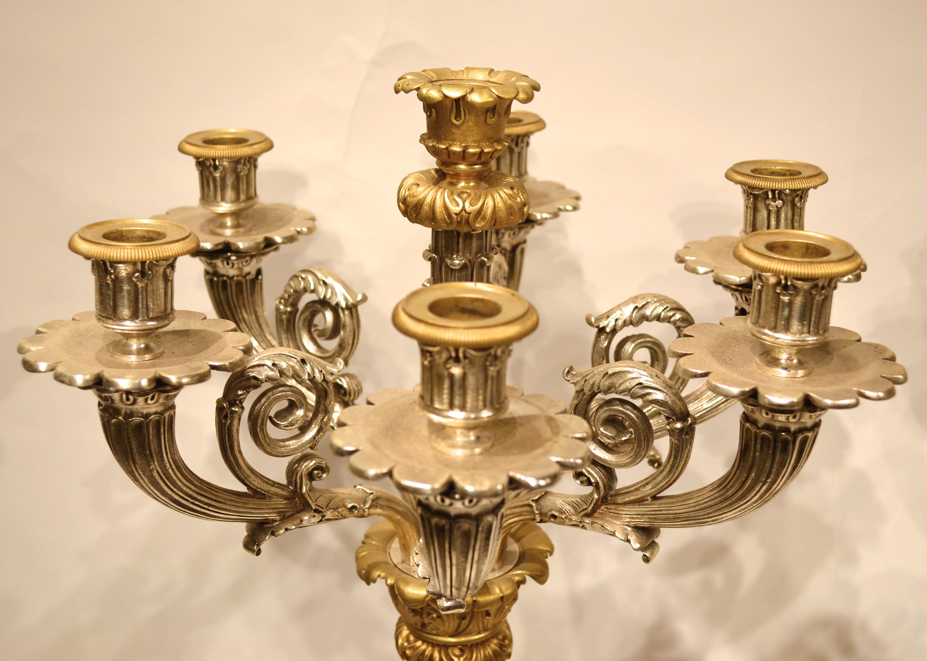 Pair of Empire Style Silvered and Gilt Bronze Candelabra with Marble Bases For Sale 1