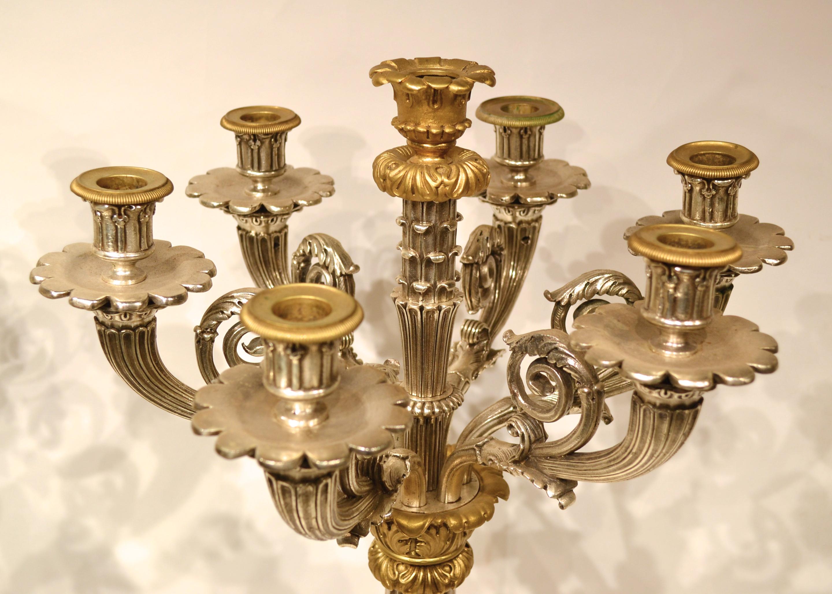 Pair of Empire Style Silvered and Gilt Bronze Candelabra with Marble Bases For Sale 2