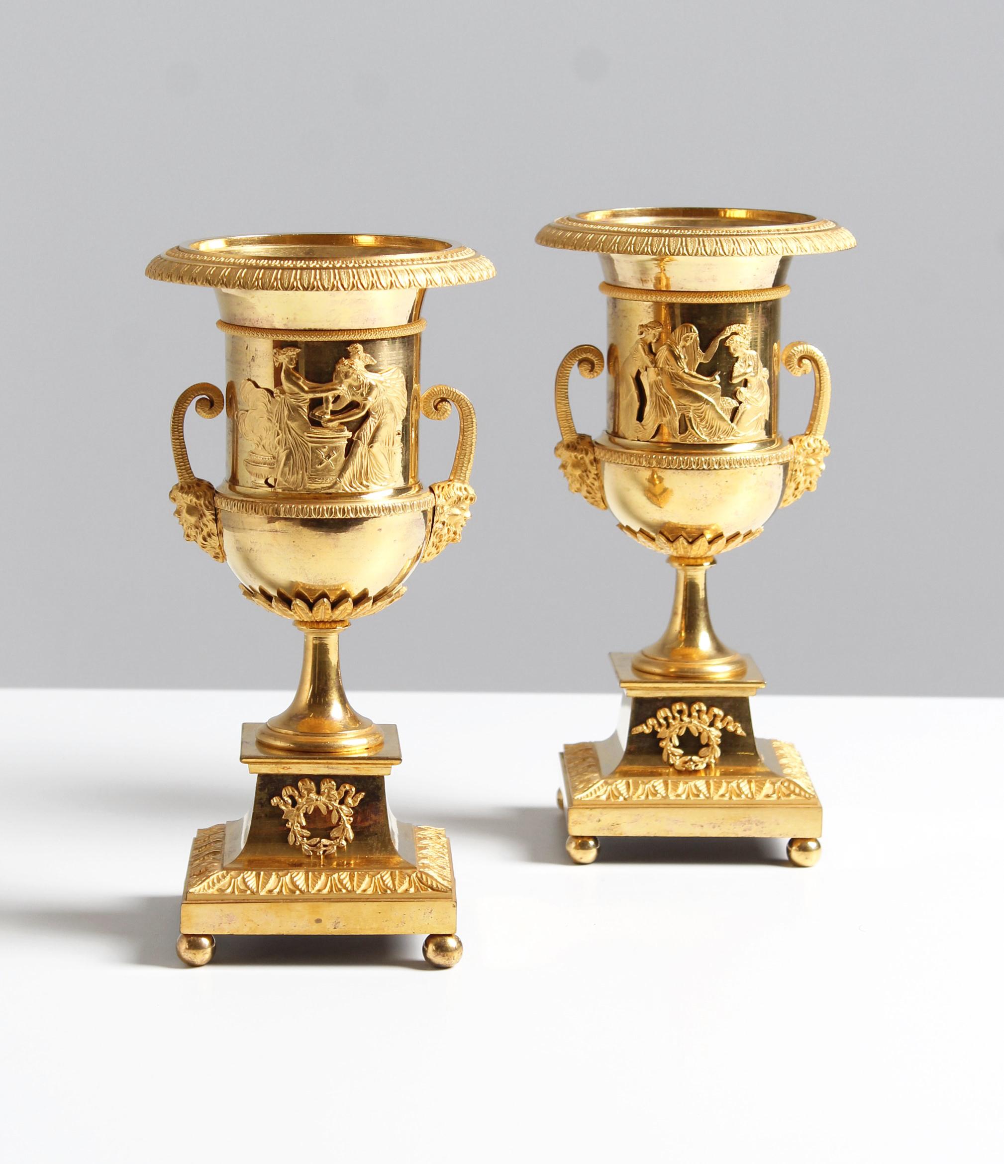 Gilt Pair Empire Vases or Cassolettes, Firegilded Bronze, France, c. 1810