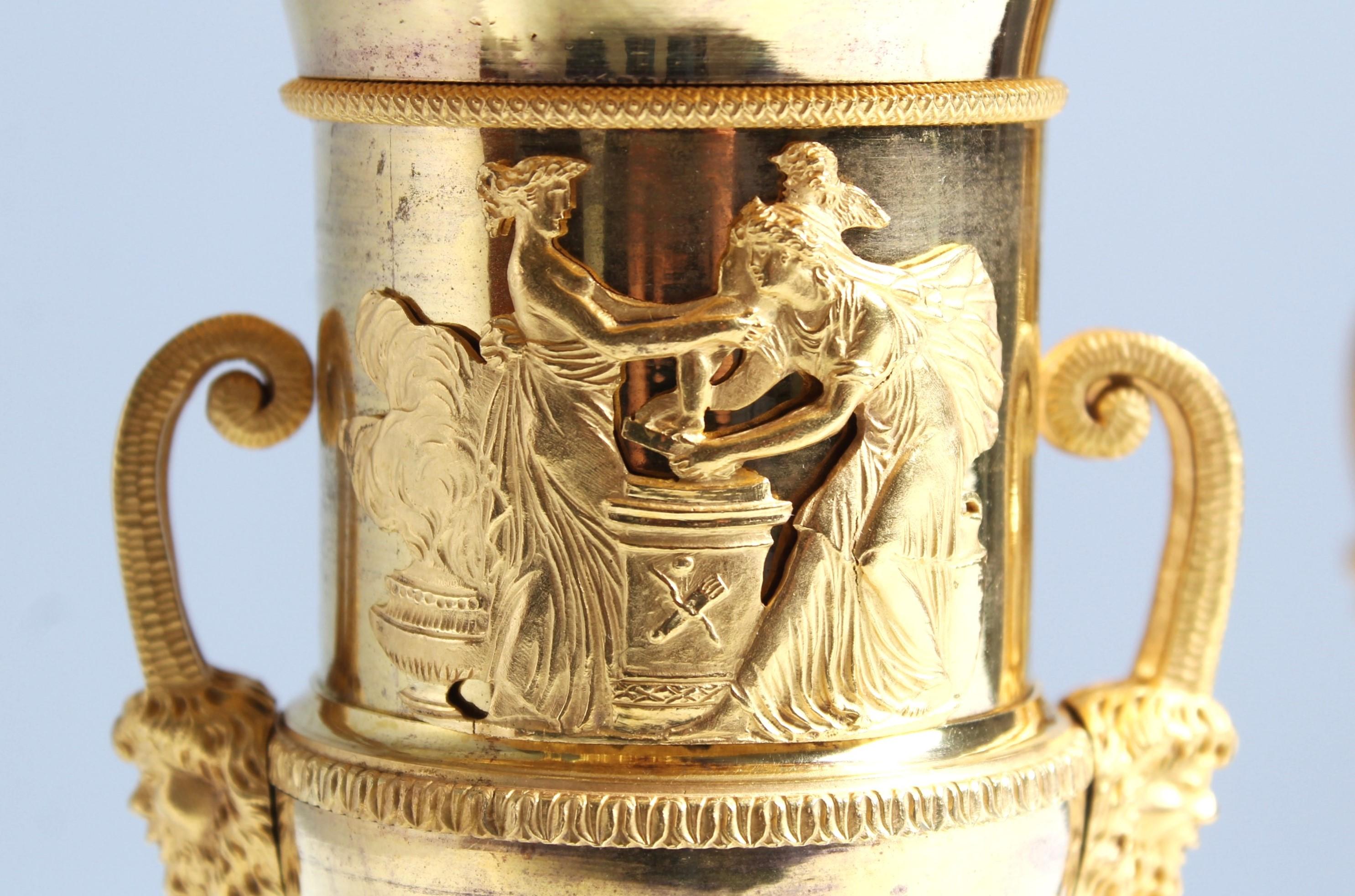 19th Century Pair Empire Vases or Cassolettes, Firegilded Bronze, France, c. 1810