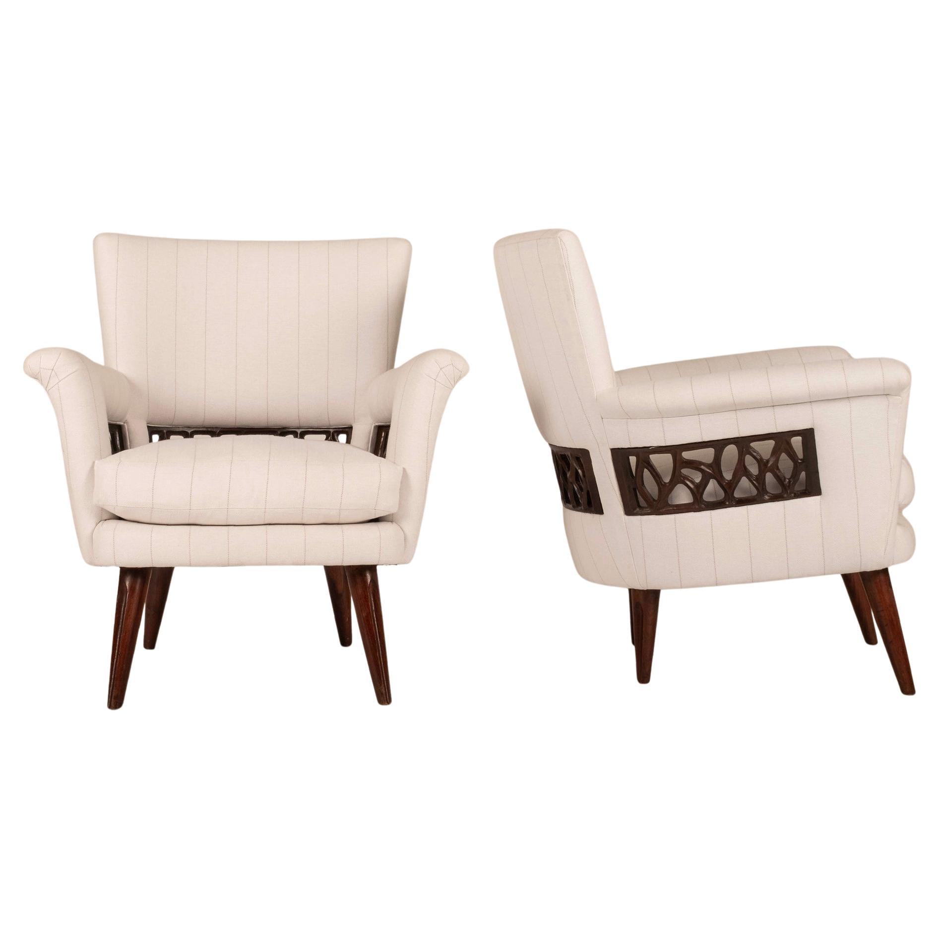 Pair Englander & Bonta Black White Stripe Arm Chairs, Argentina, circa 1950