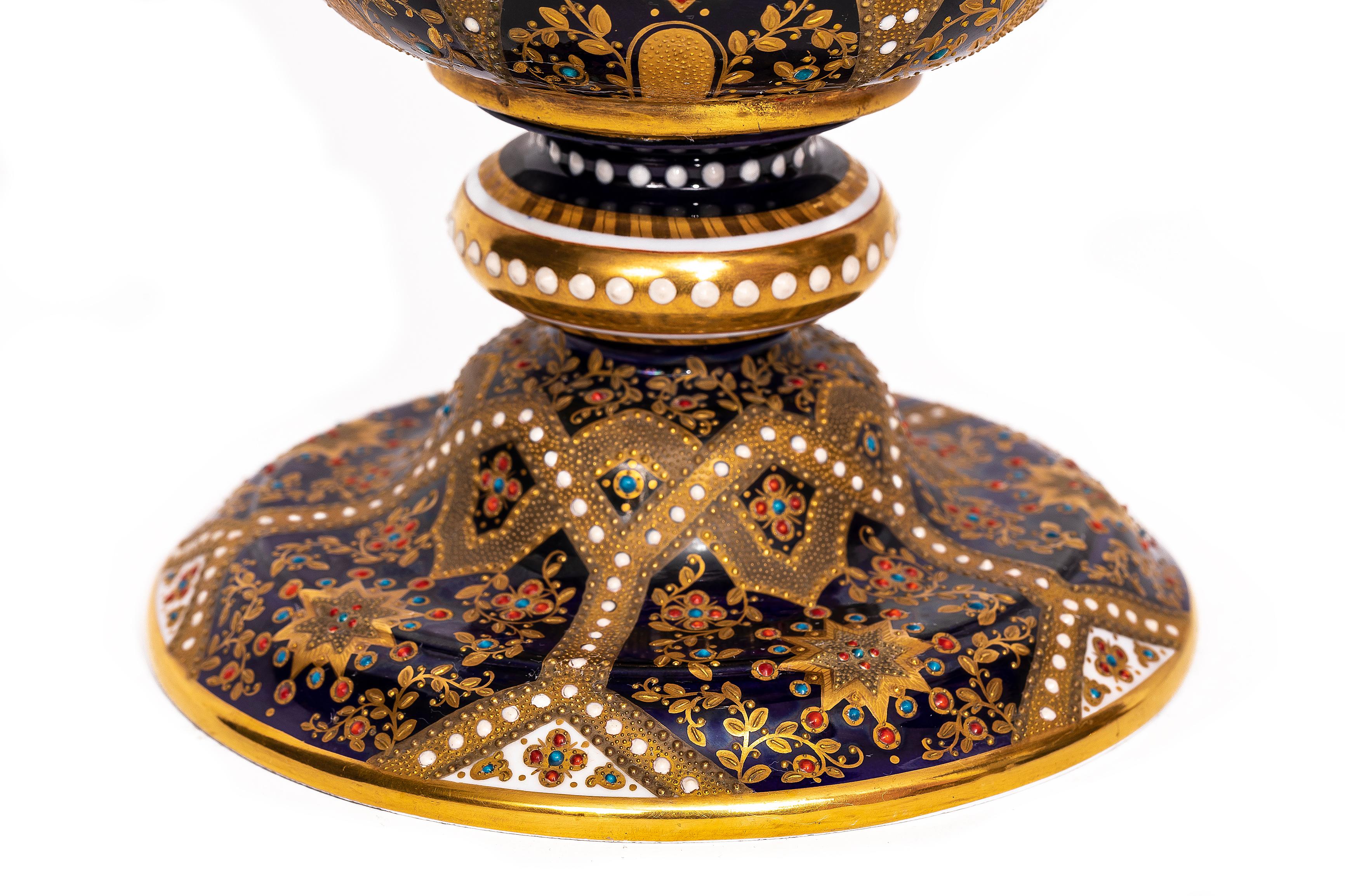 Pair English 19th C. Cobalt Blue, Jeweled & Gilt Double Handle Ewers by Copeland For Sale 4