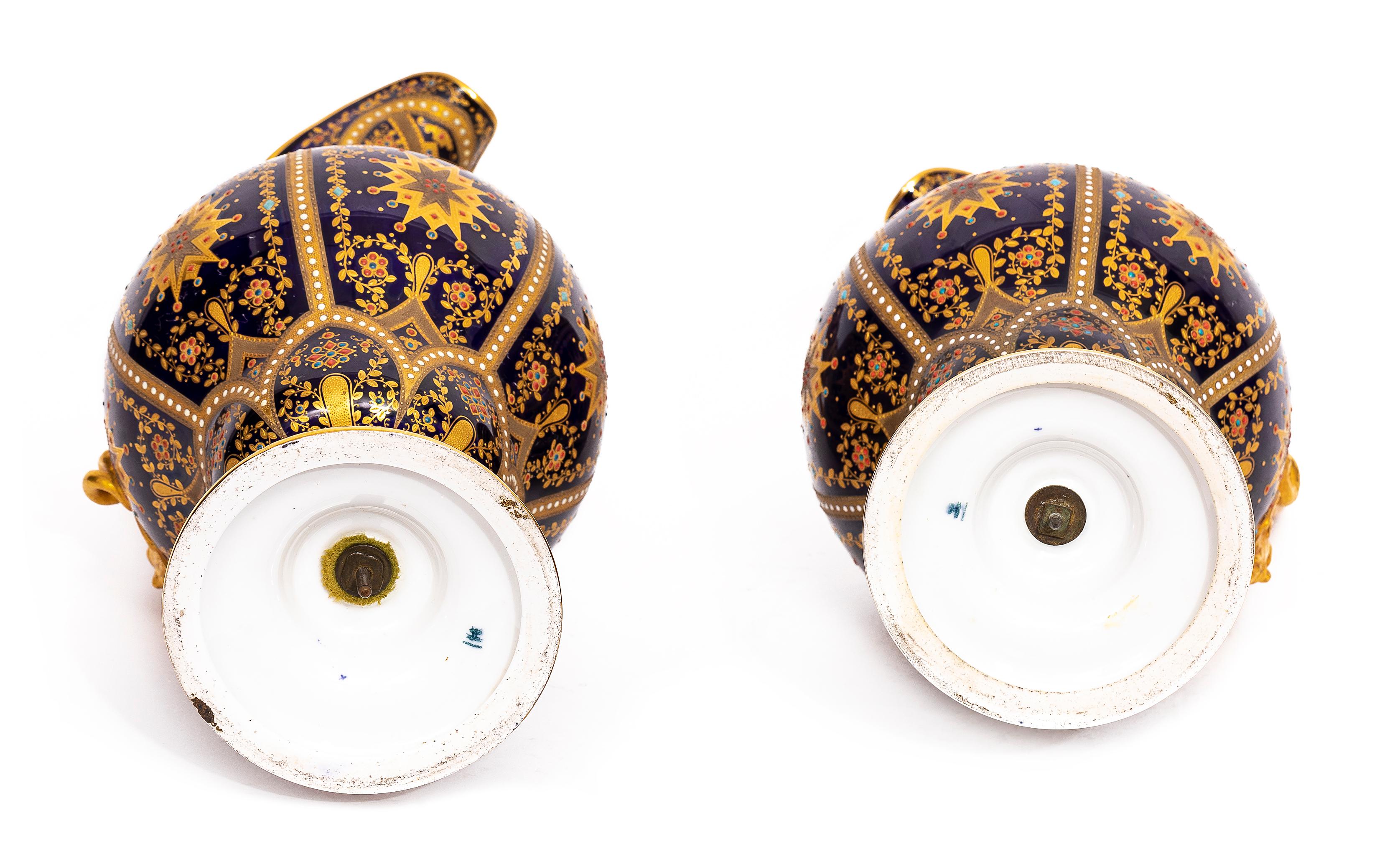 Pair English 19th C. Cobalt Blue, Jeweled & Gilt Double Handle Ewers by Copeland For Sale 12