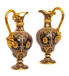 Pair English 19th C. Cobalt Blue, Jeweled & Gilt Double Handle Ewers by Copeland