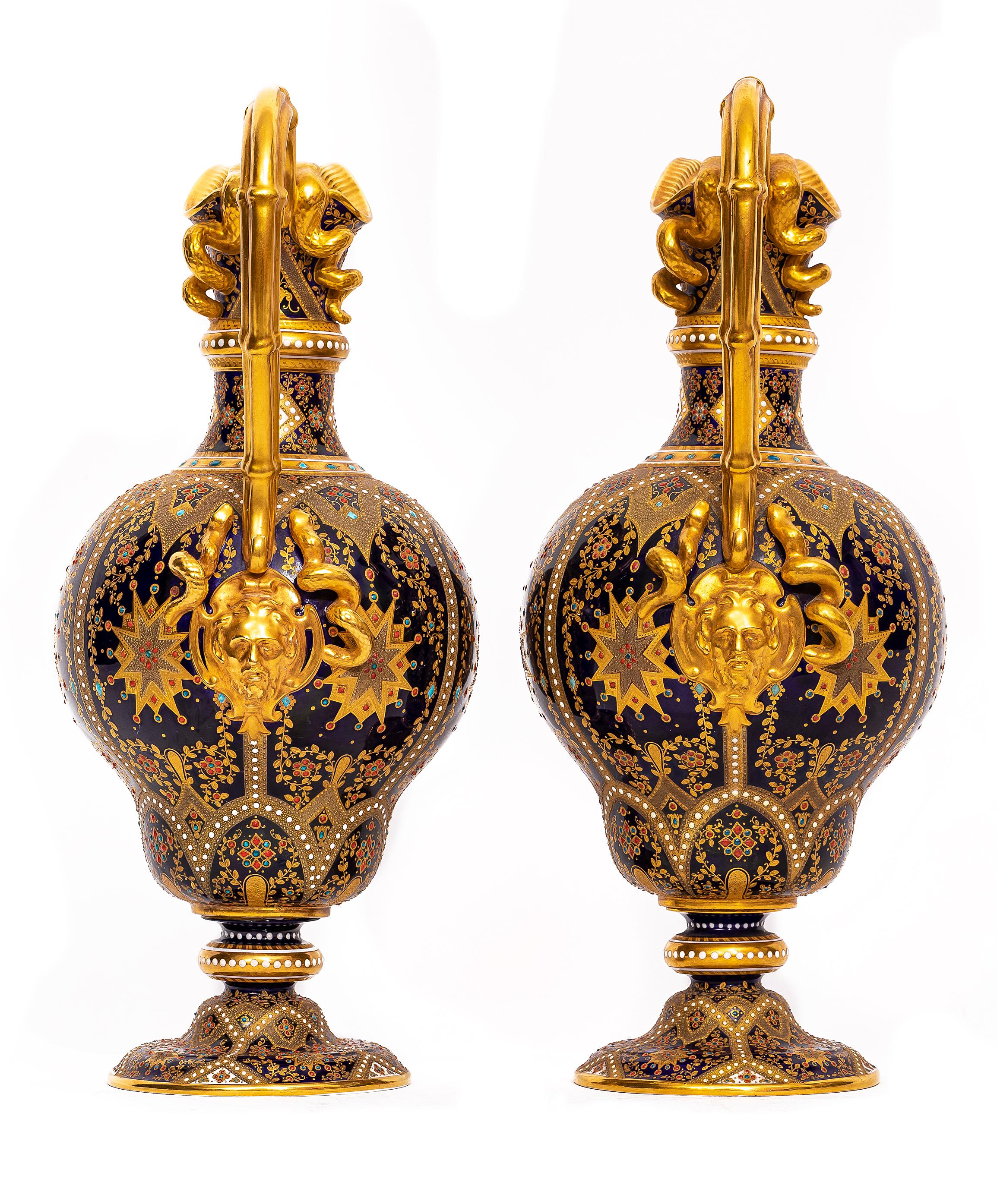 Louis XVI Pair English 19th C. Cobalt Blue, Jeweled & Gilt Double Handle Ewers by Copeland For Sale
