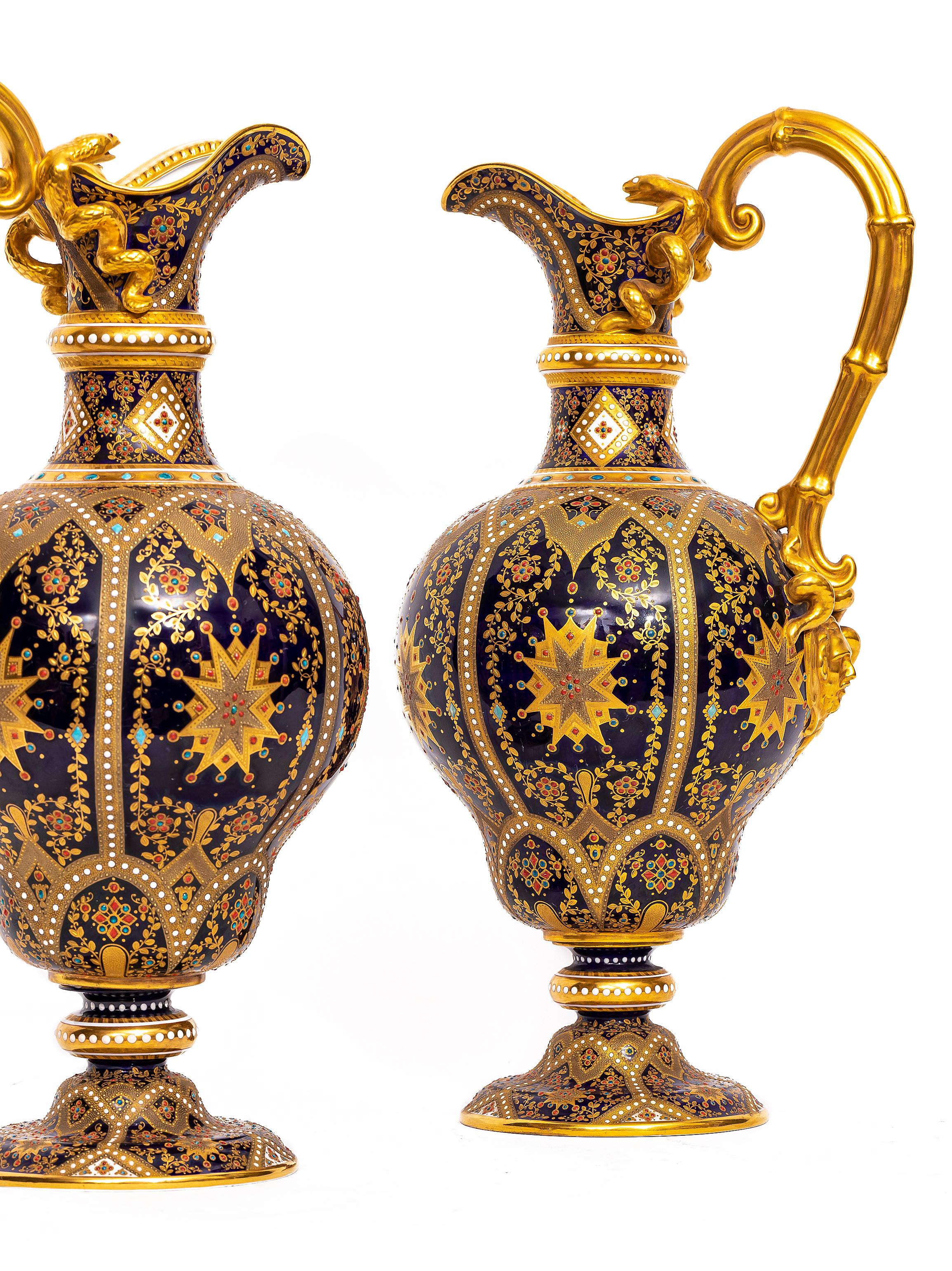 Pair English 19th C. Cobalt Blue, Jeweled & Gilt Double Handle Ewers by Copeland In Good Condition For Sale In New York, NY