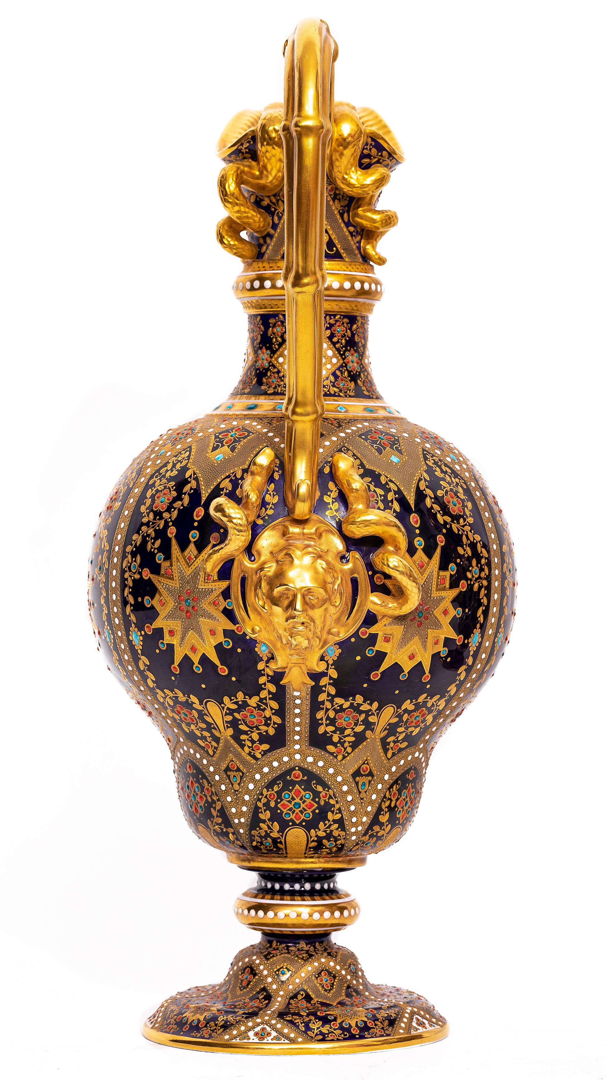 Late 19th Century Pair English 19th C. Cobalt Blue, Jeweled & Gilt Double Handle Ewers by Copeland For Sale