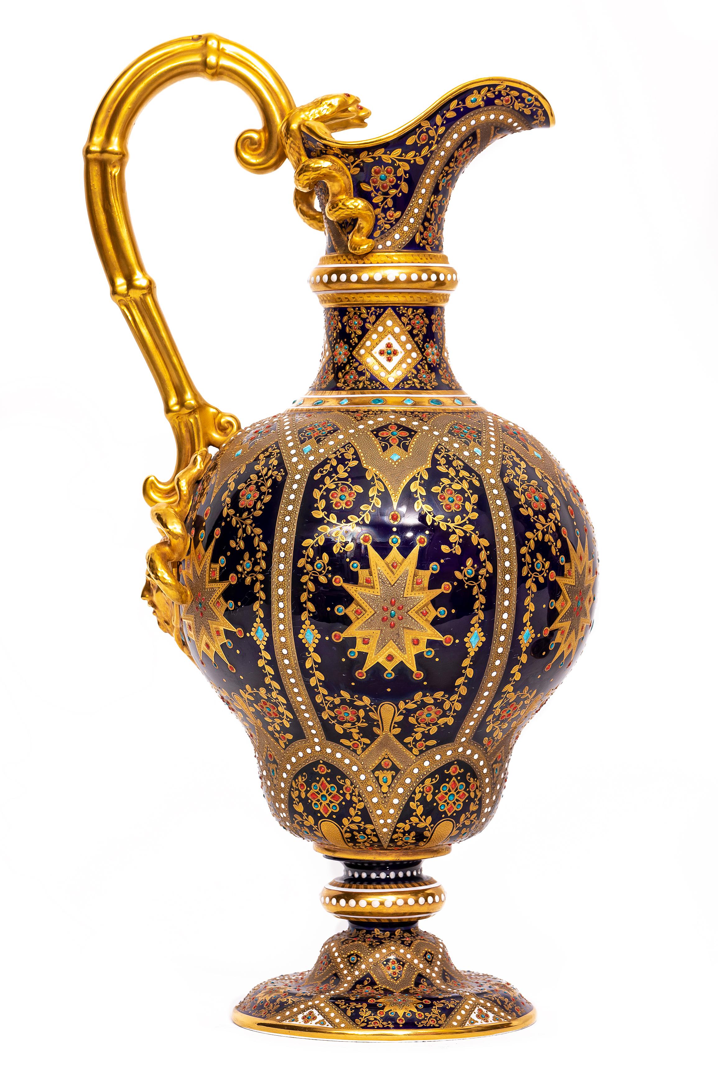 Paste Pair English 19th C. Cobalt Blue, Jeweled & Gilt Double Handle Ewers by Copeland For Sale