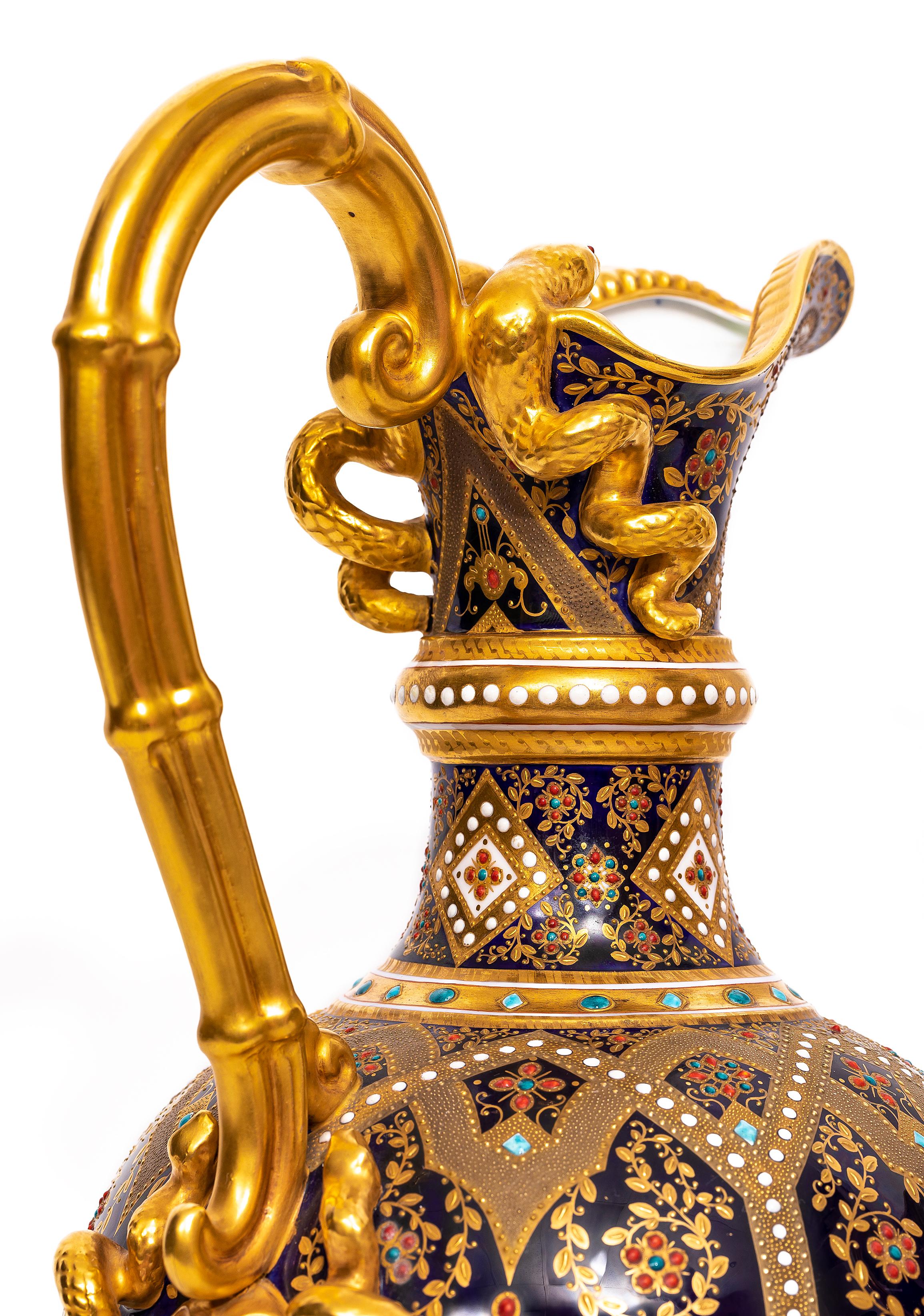 Pair English 19th C. Cobalt Blue, Jeweled & Gilt Double Handle Ewers by Copeland For Sale 1