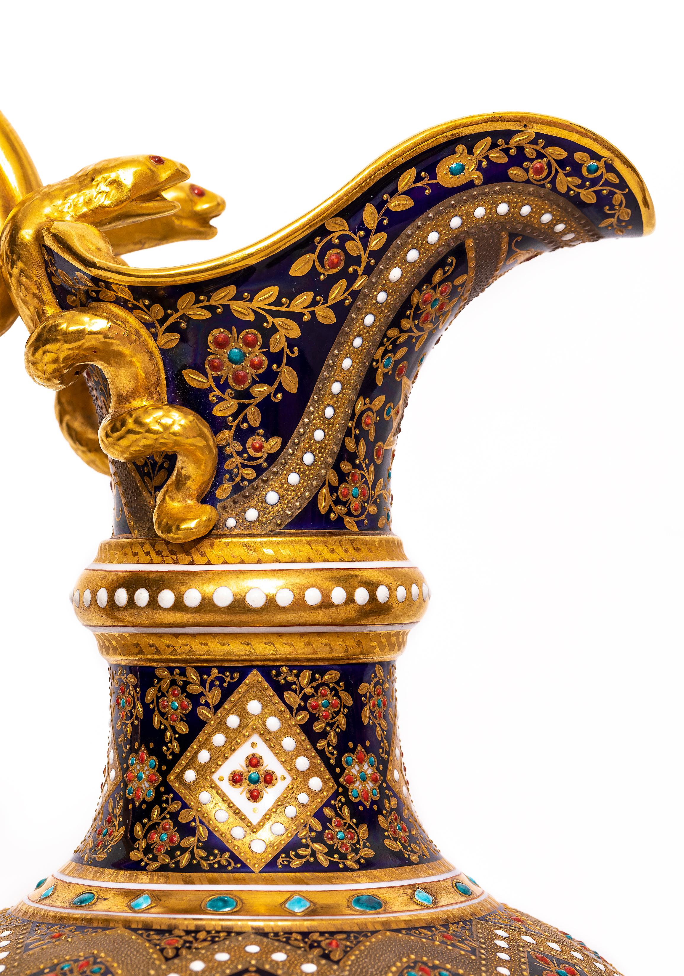 Pair English 19th C. Cobalt Blue, Jeweled & Gilt Double Handle Ewers by Copeland For Sale 2